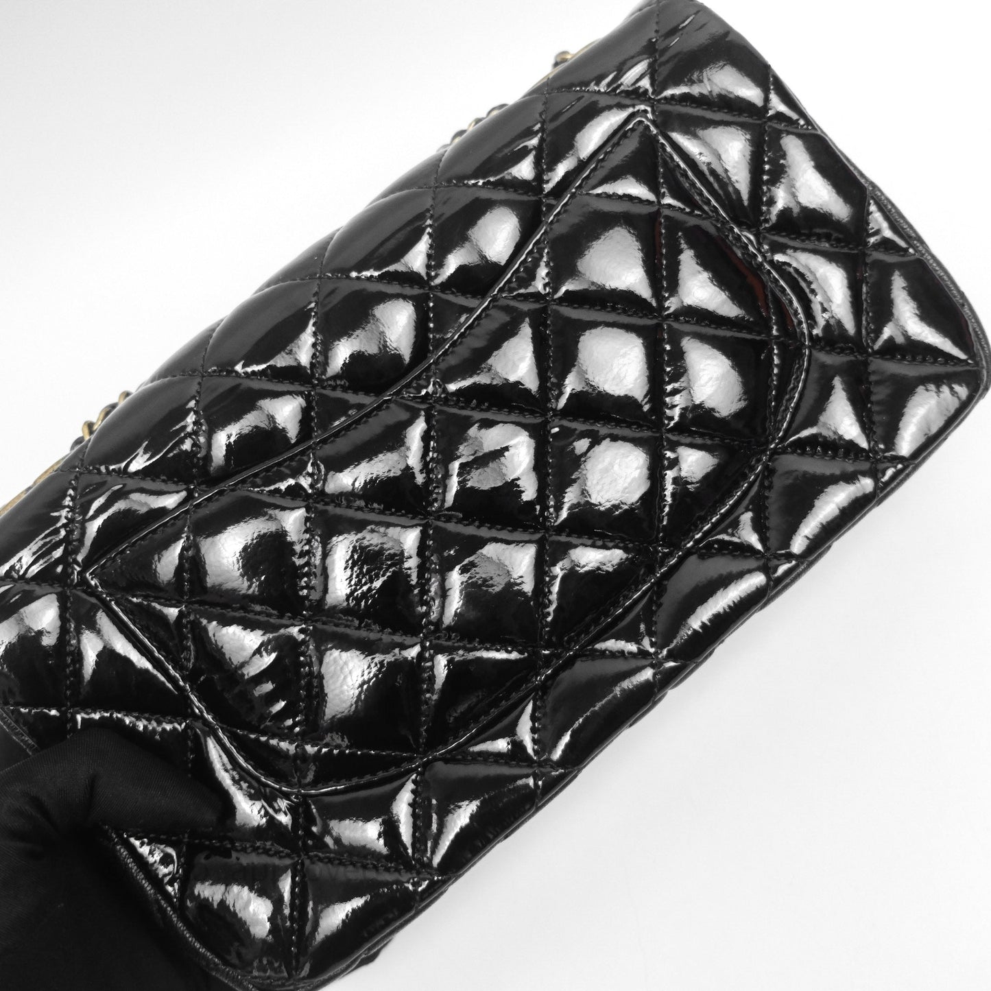 Chanel Quilted Medium Eyelet Flap Bag Black Patent Aged Gold Hardware
