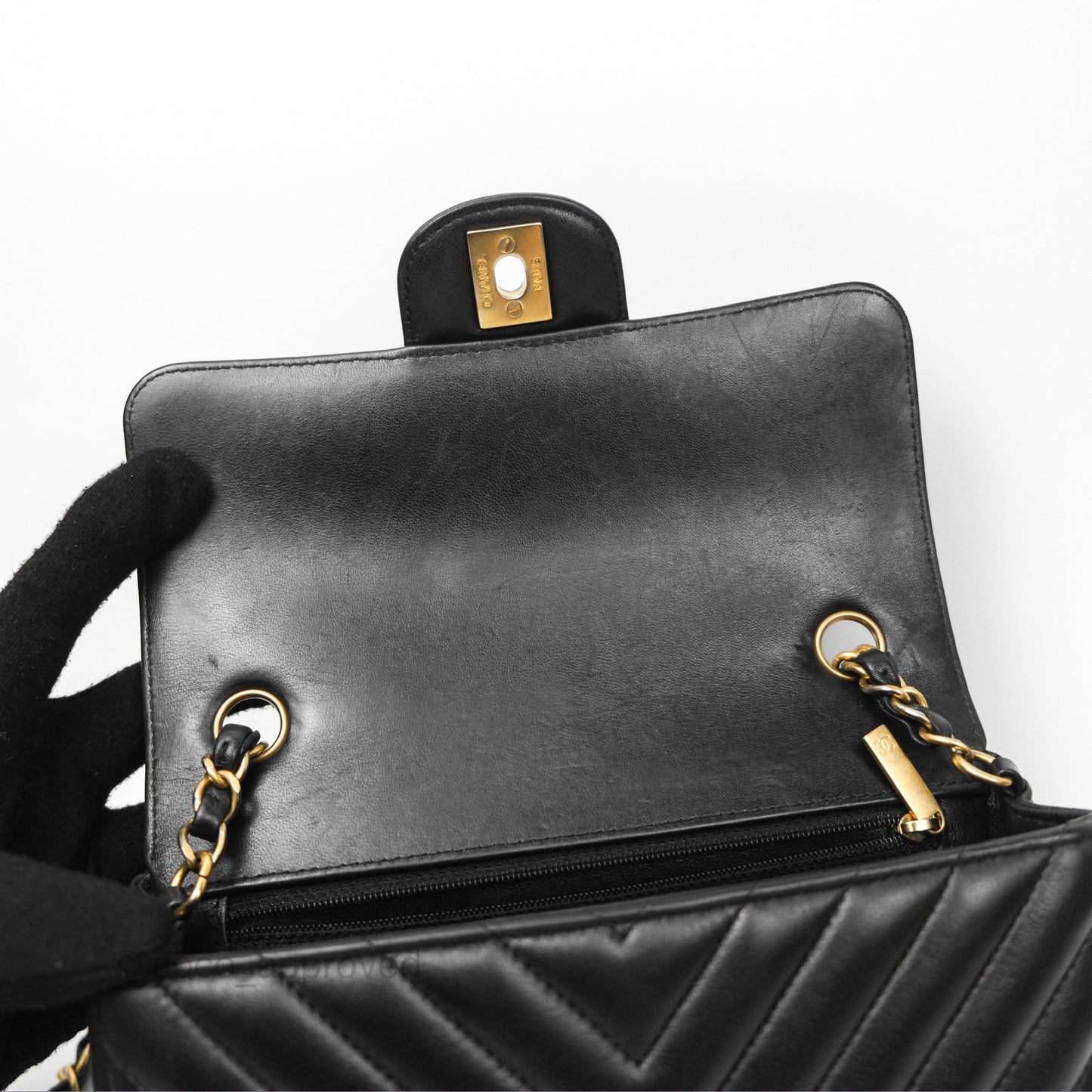 Chanel Chevron Mini Rectangular Black Lambskin Aged Gold Hardware