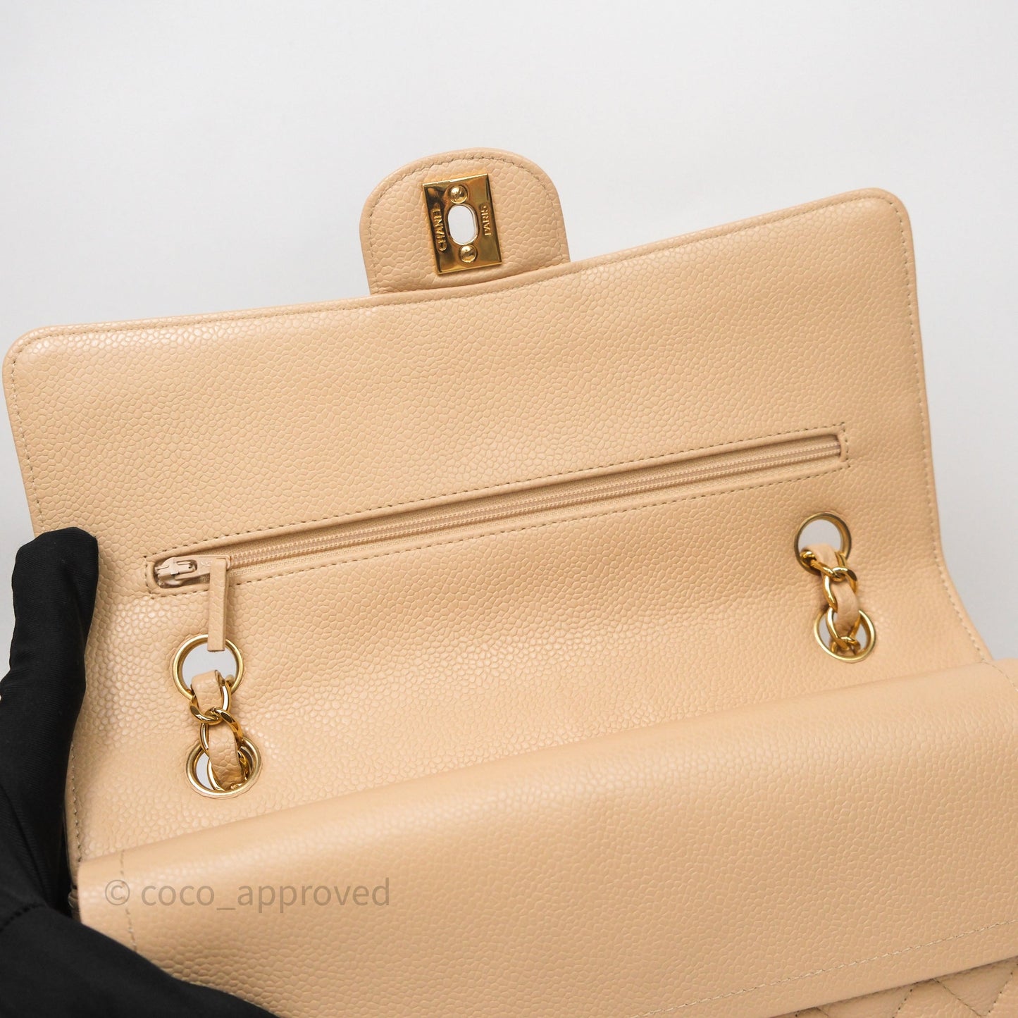 Chanel Classic M/L Medium Flap Quilted Beige Caviar Gold Hardware