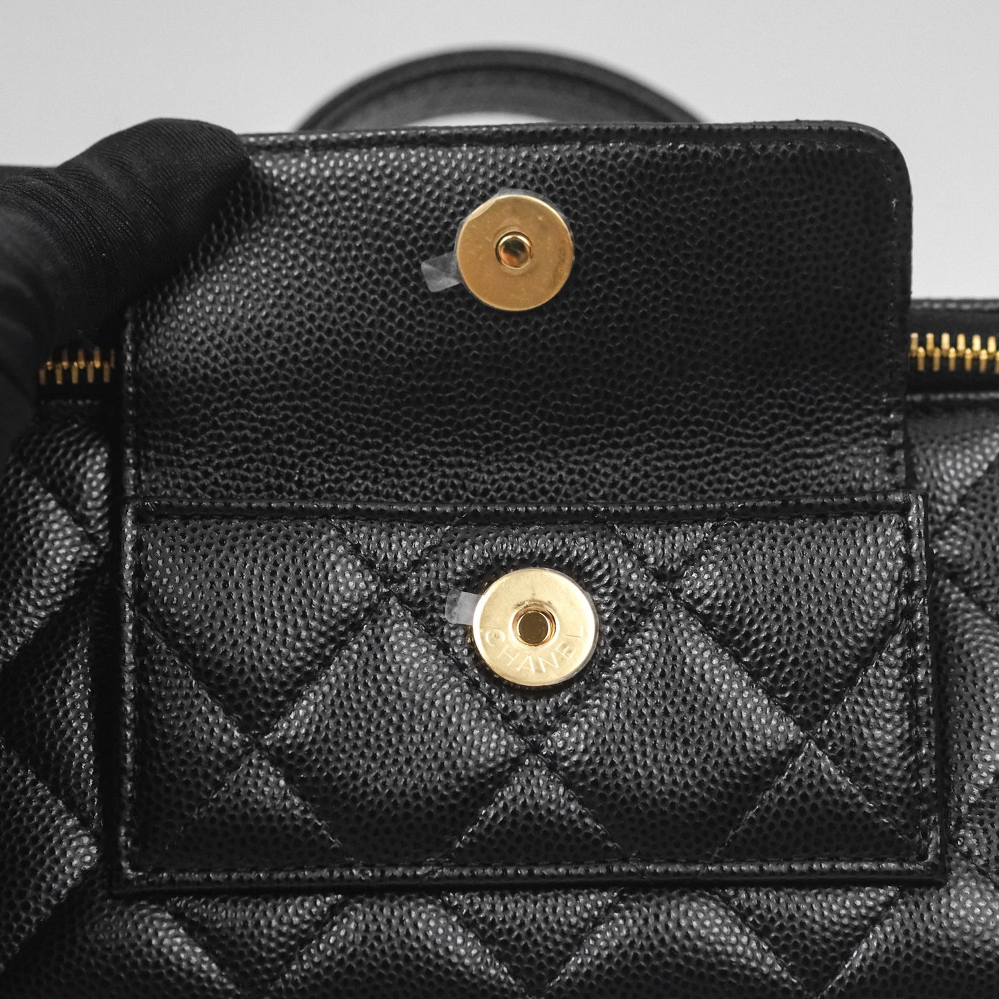 Chanel Cargo Pocket Top Handle Vanity with Chain Black Caviar Gold Hardware