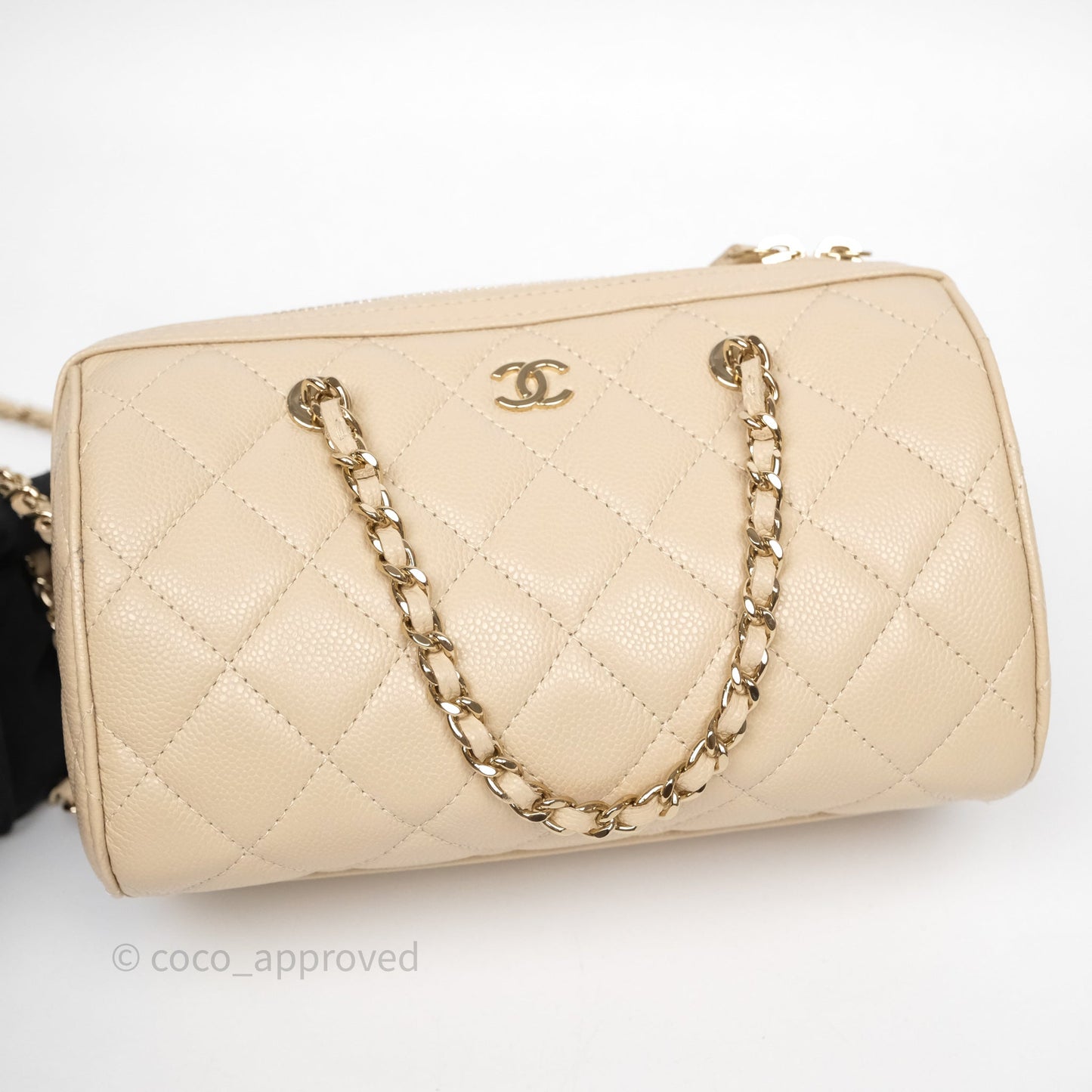 Chanel Mini Quilted Bowling Bag Beige Caviar Gold Hardware 25P