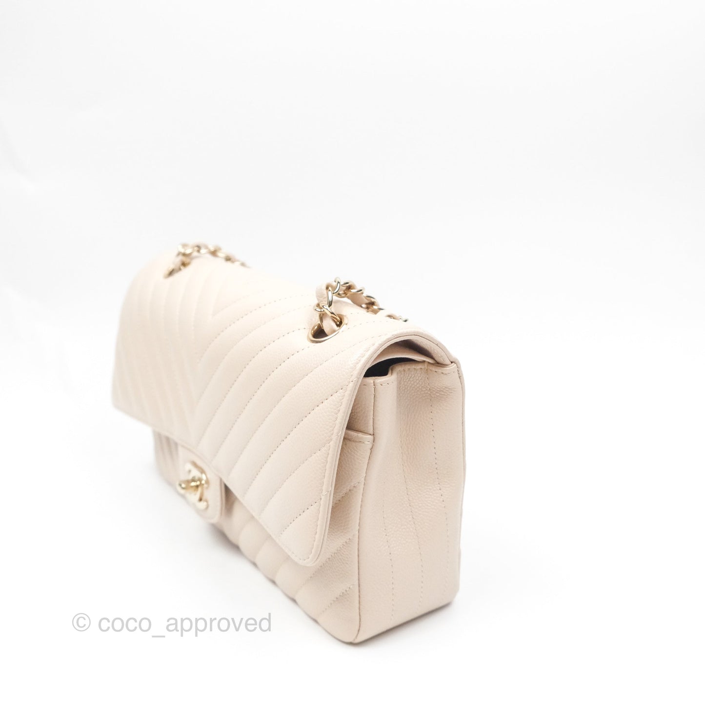 Chanel Classic M/L Medium Double Flap Chevron Light Beige Caviar Gold Hardware 20B