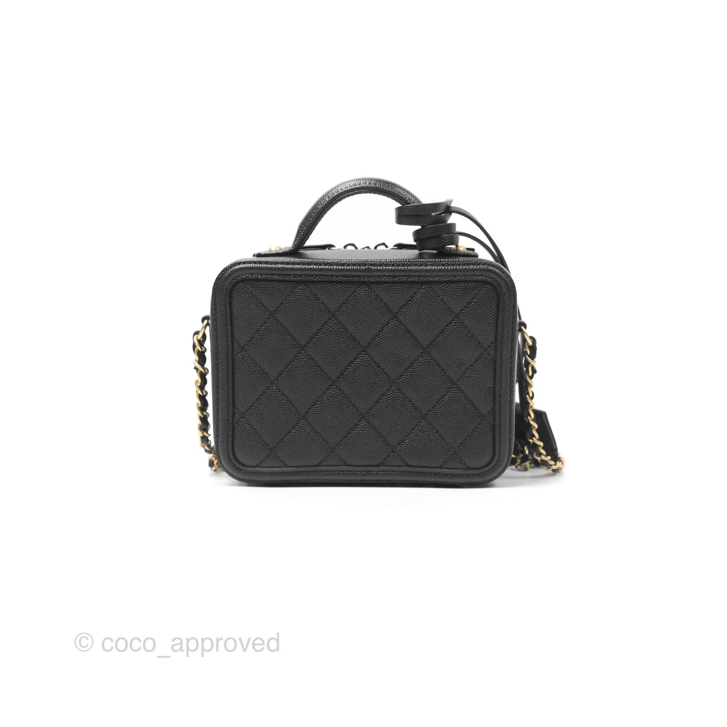 Chanel Quilted Small CC Filigree Vanity Case Black Caviar Aged Gold Hardware