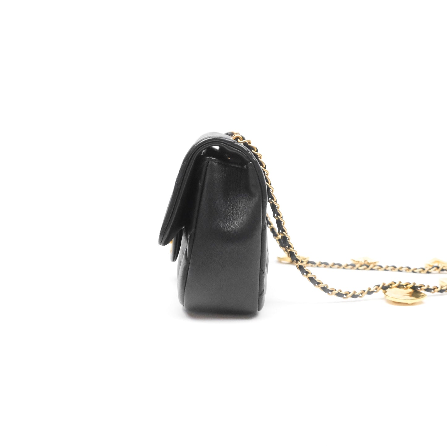 Chanel Mini Flap Bag With Heart CC Charm Black Lambskin Aged Gold Hardware 22B