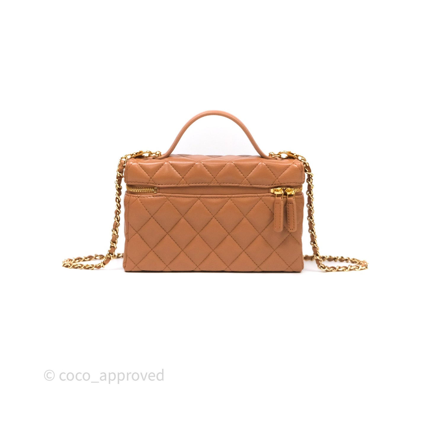 Chanel Top Handle Long Vanity with Chain Caramel Beige Lambskin Gold Hardware 25B