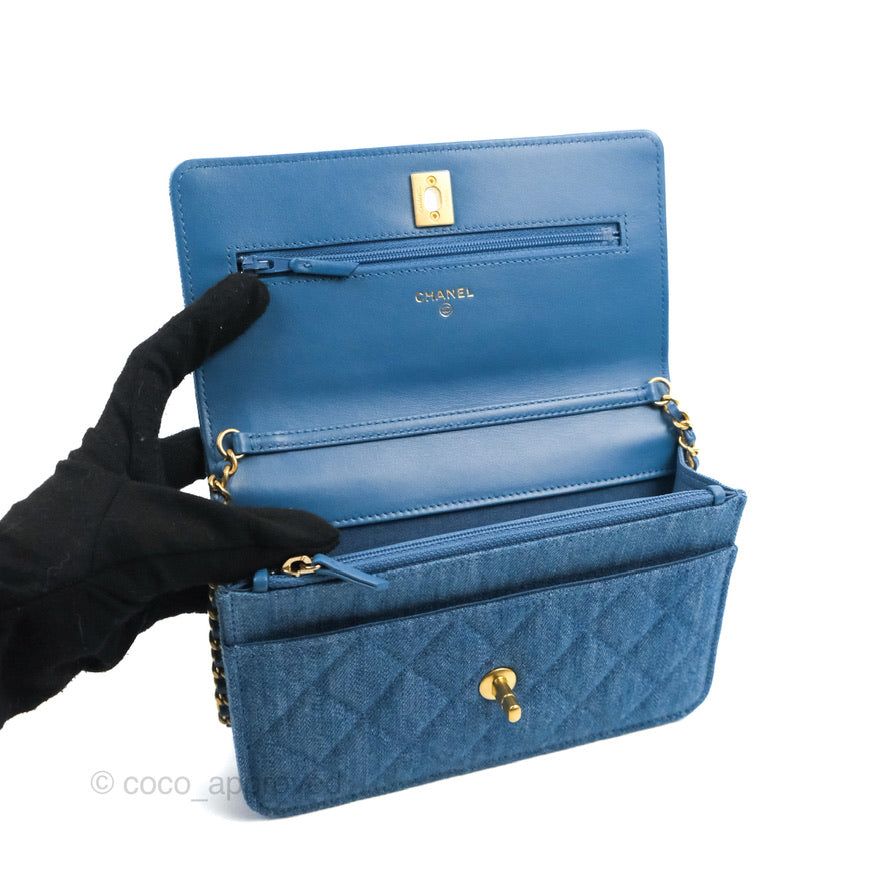 Chanel Quilted Pearl Crush Wallet on Chain WOC Denim Aged Gold Hardware