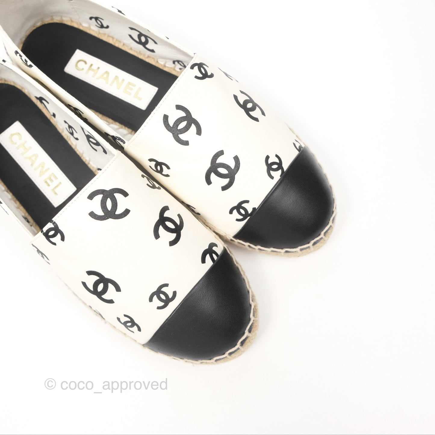 Chanel Printed CC Espadrilles White/Black Lambskin Size 38