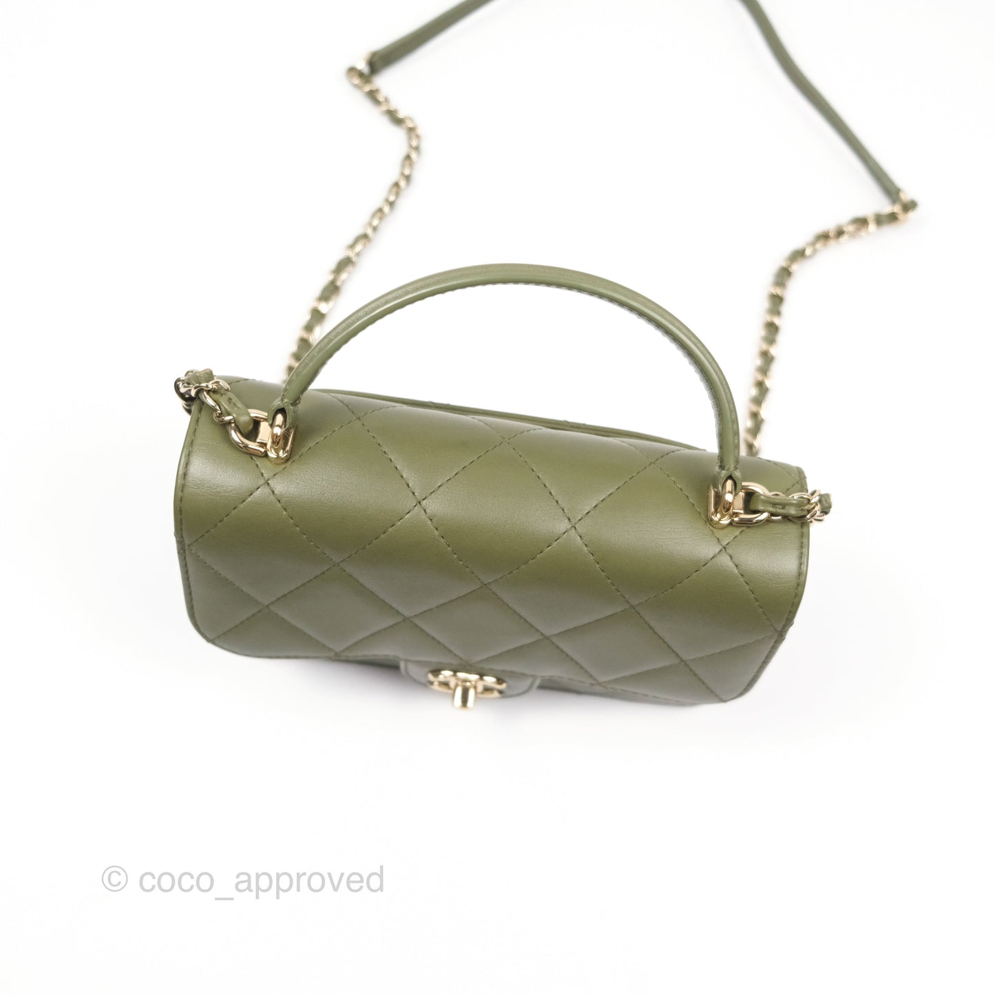 Chanel Small Coco Lady Quilted Flap Bag With Top Handle Olive Green Calfskin Gold Hardware