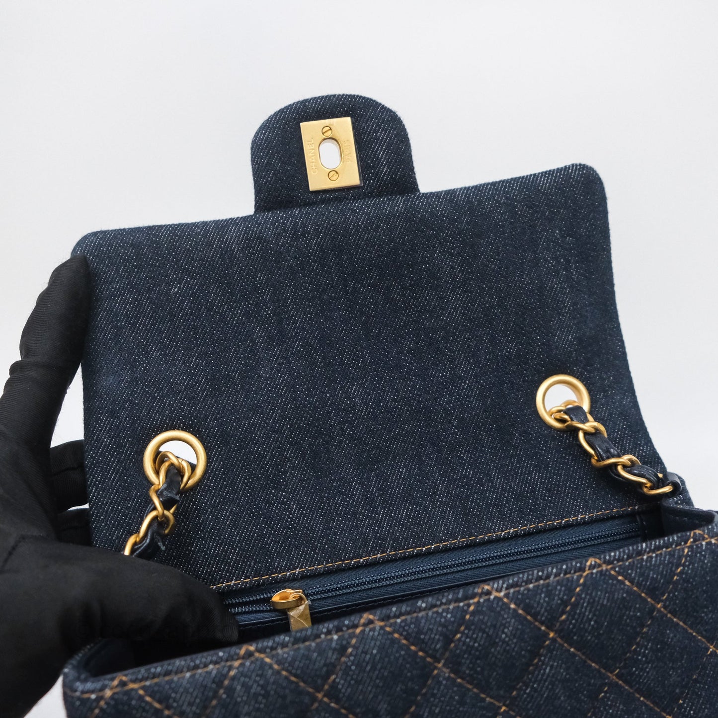 Chanel Mini Rectangular Quilted Dark Blue Denim Aged Gold Hardware