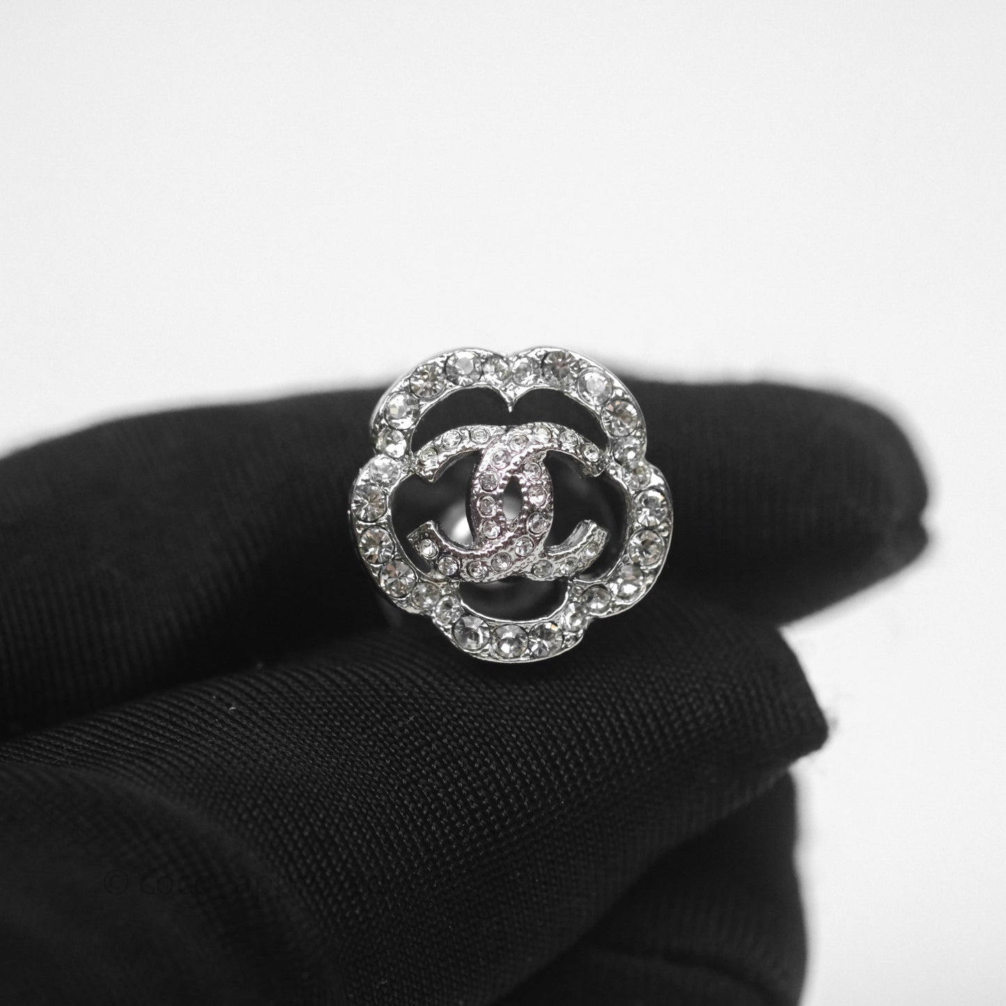 Chanel Crystal Flapper Camellia CC Earrings Silver Tone 20P