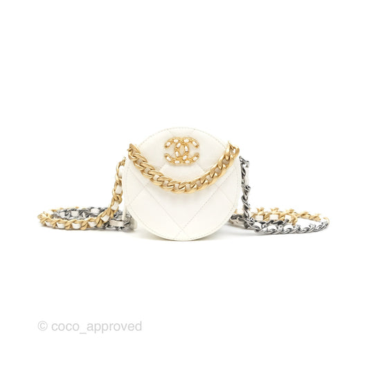 Chanel 19 Round Clutch With Chain White Glazed Calfskin Mixed Hardware