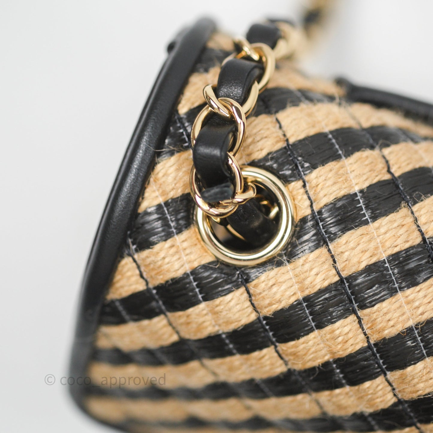 Chanel Quilted Mini Rectangular Flap Raffia Jute Thread Black & Beige Gold Hardware