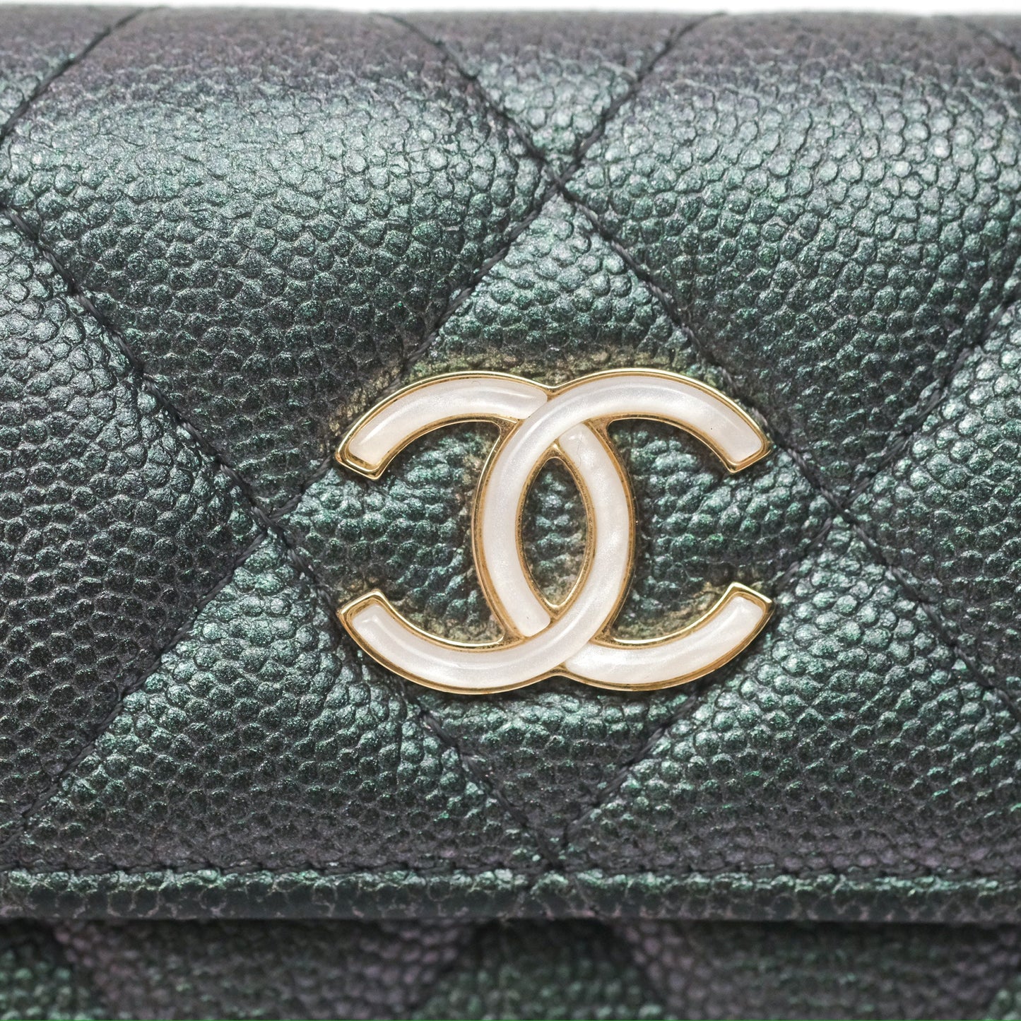 Chanel Quilted White CC Short Wallet Iridescent Green Purple Gold Hardware