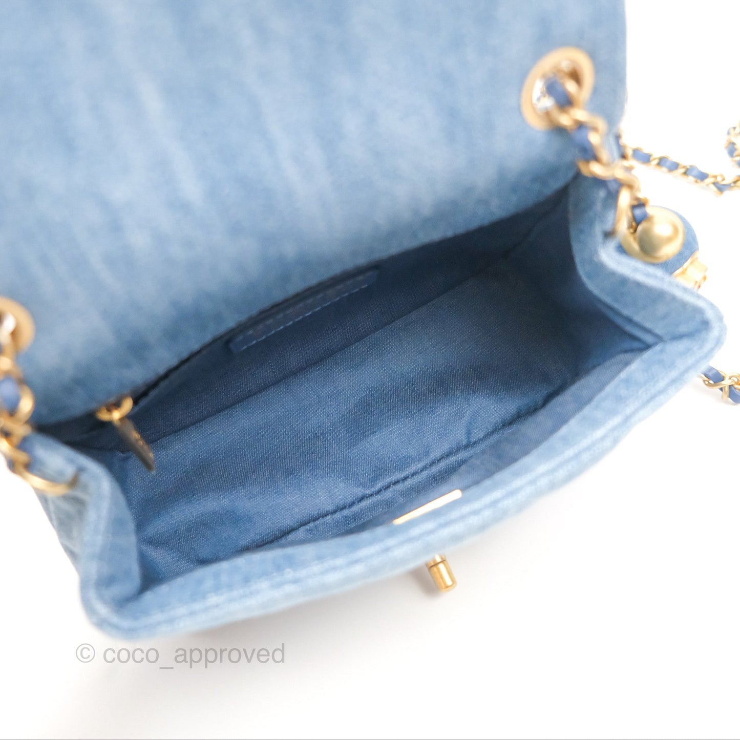 Chanel Mini Square Pearl Crush Quilted Denim Aged Gold Hardware