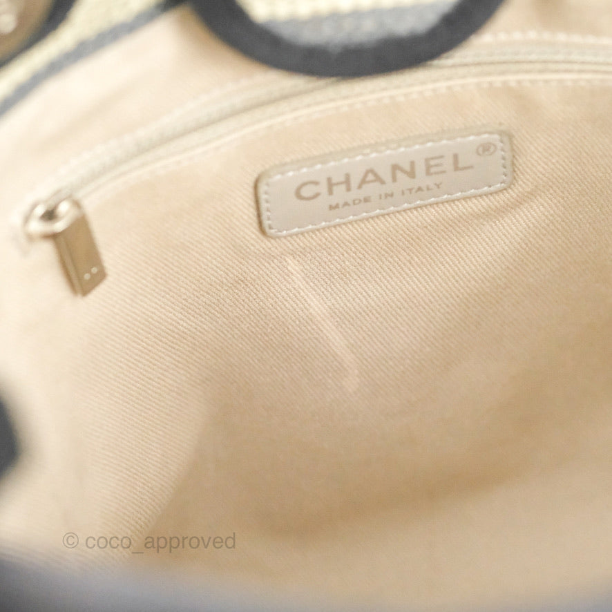 Chanel Mini Deauville Tote Black Stripe Canvas Silver Hardware