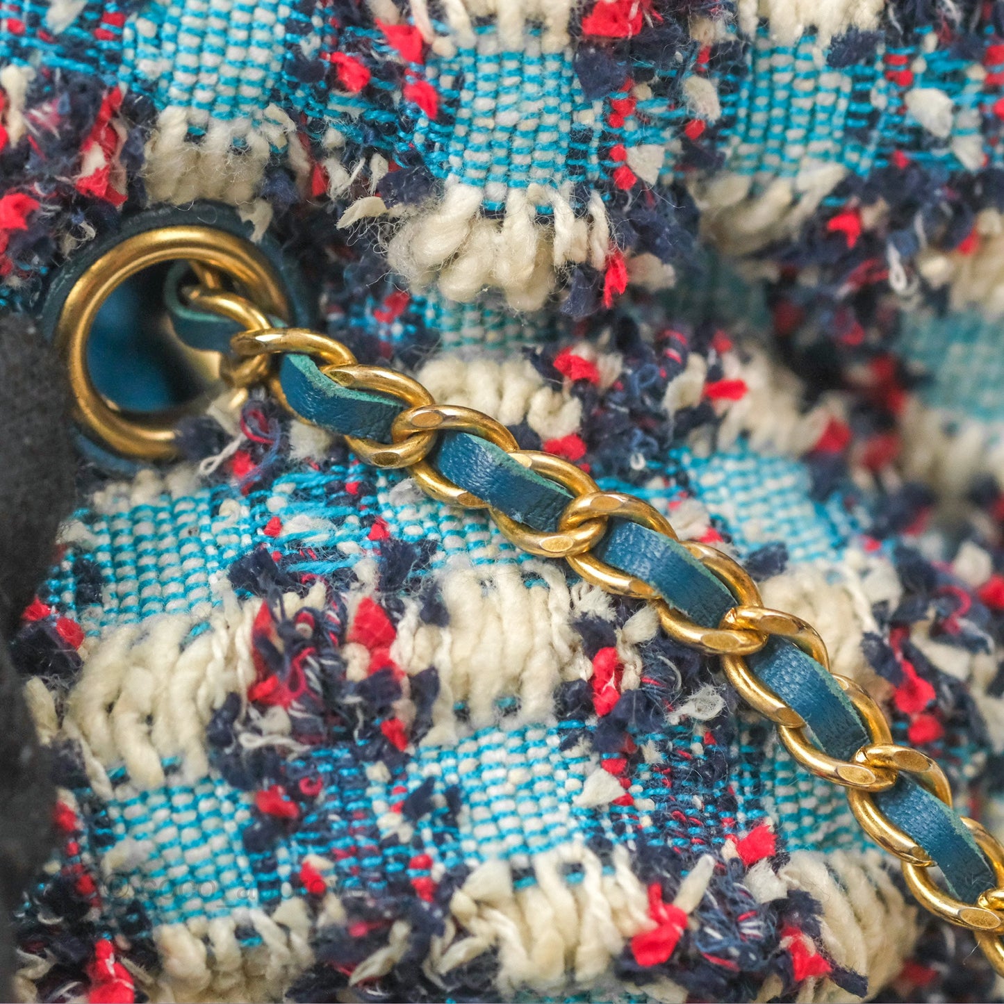 Chanel Cuba Chesterfield Tweed Drawstring Bucket Bag Blue Aged Gold Hardware 17C