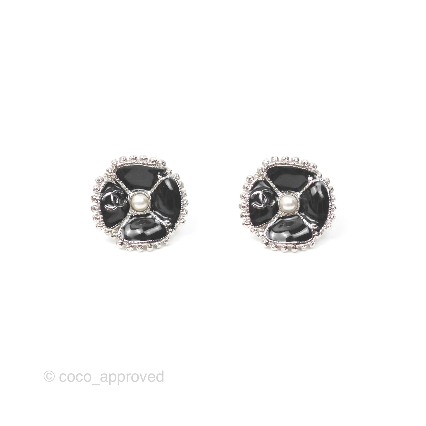 Chanel Flower Pearl Black Earrings Silver Tone 23K