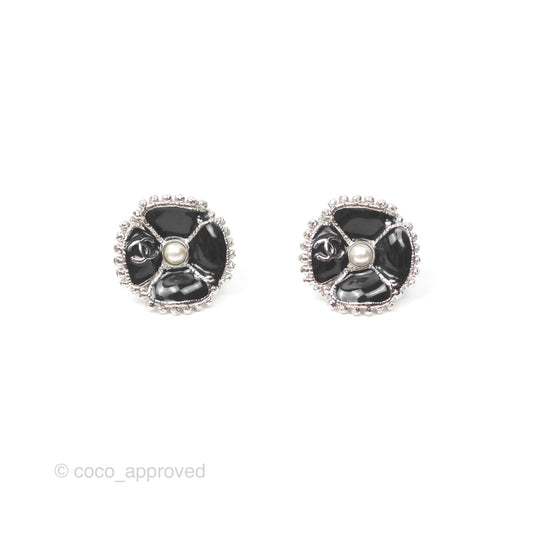 Chanel Flower Pearl Black Earrings Silver Tone 23K