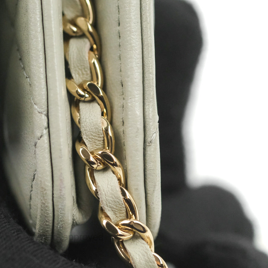 Chanel Quilted Classic Wallet on Chain WOC Light Grey Lambskin Gold Hardware