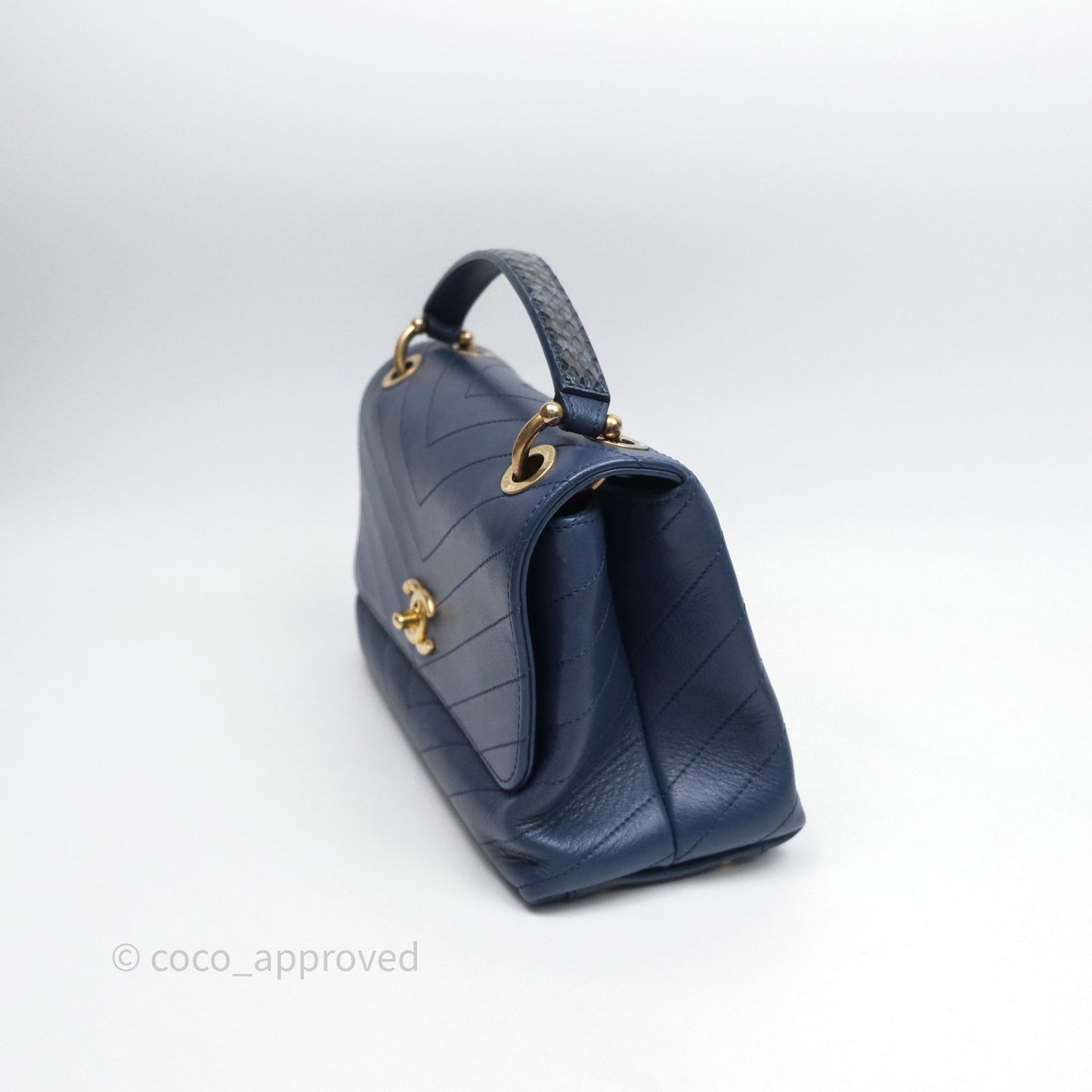 Chanel Small Chevron Python Chic Top Handle Flap Blue Calfskin Gold Hardware