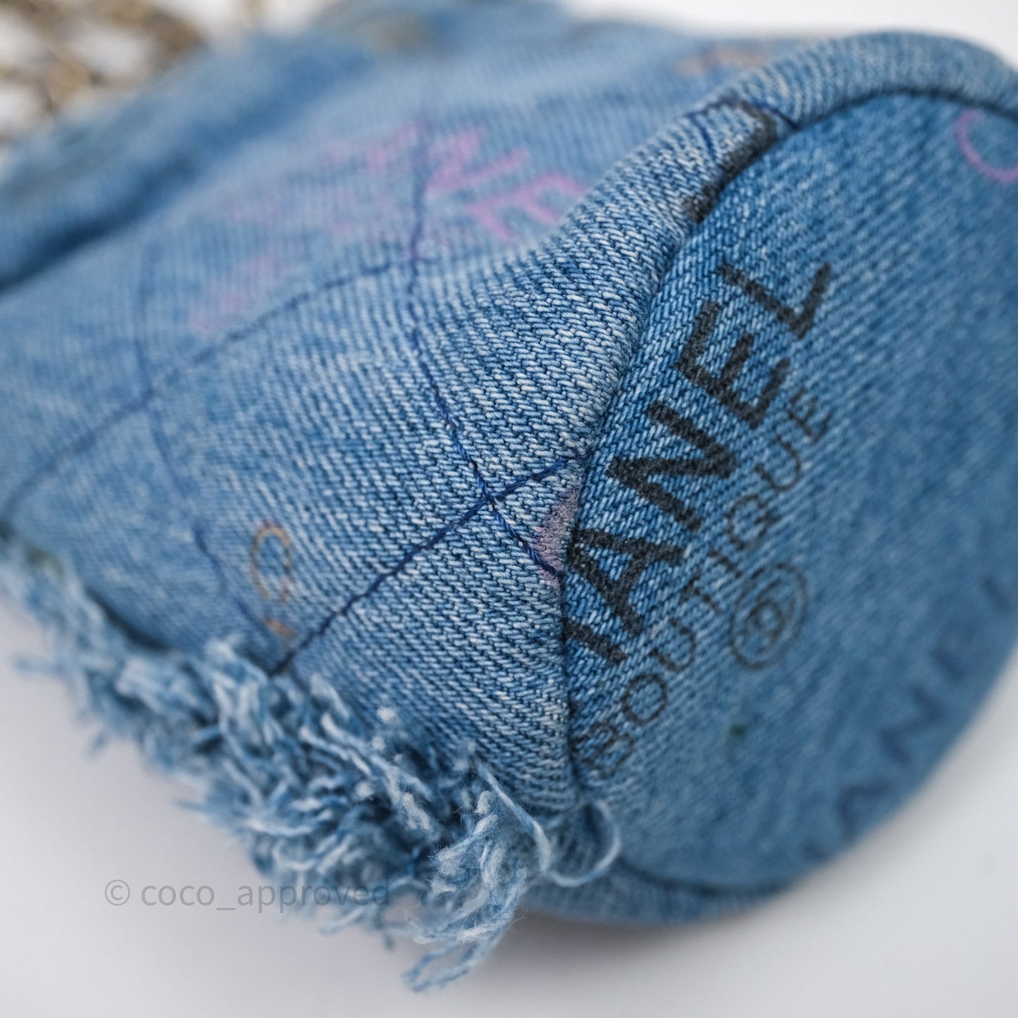 Chanel Mood Denim Mini Bucket Bag with Chain Blue Gold Hardware