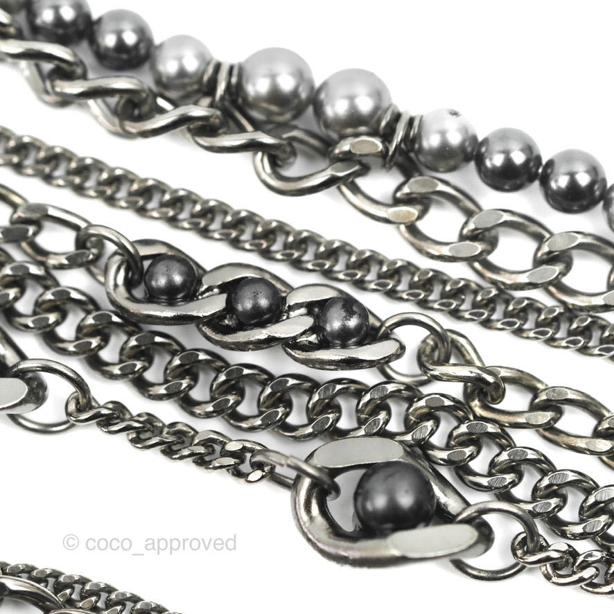 Chanel CC Pearl Bead Multi Strand Bracelet Gun Metal 15P