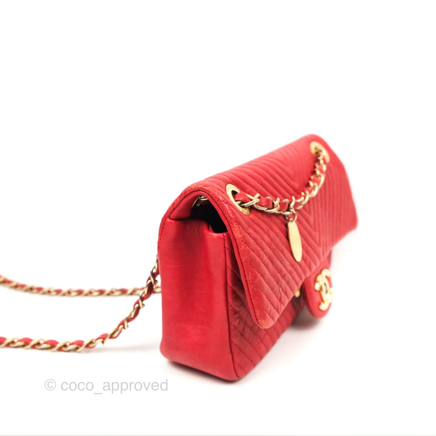 Chanel Small Chevron Surpique Flap Red Calfskin Aged Gold Hardware
