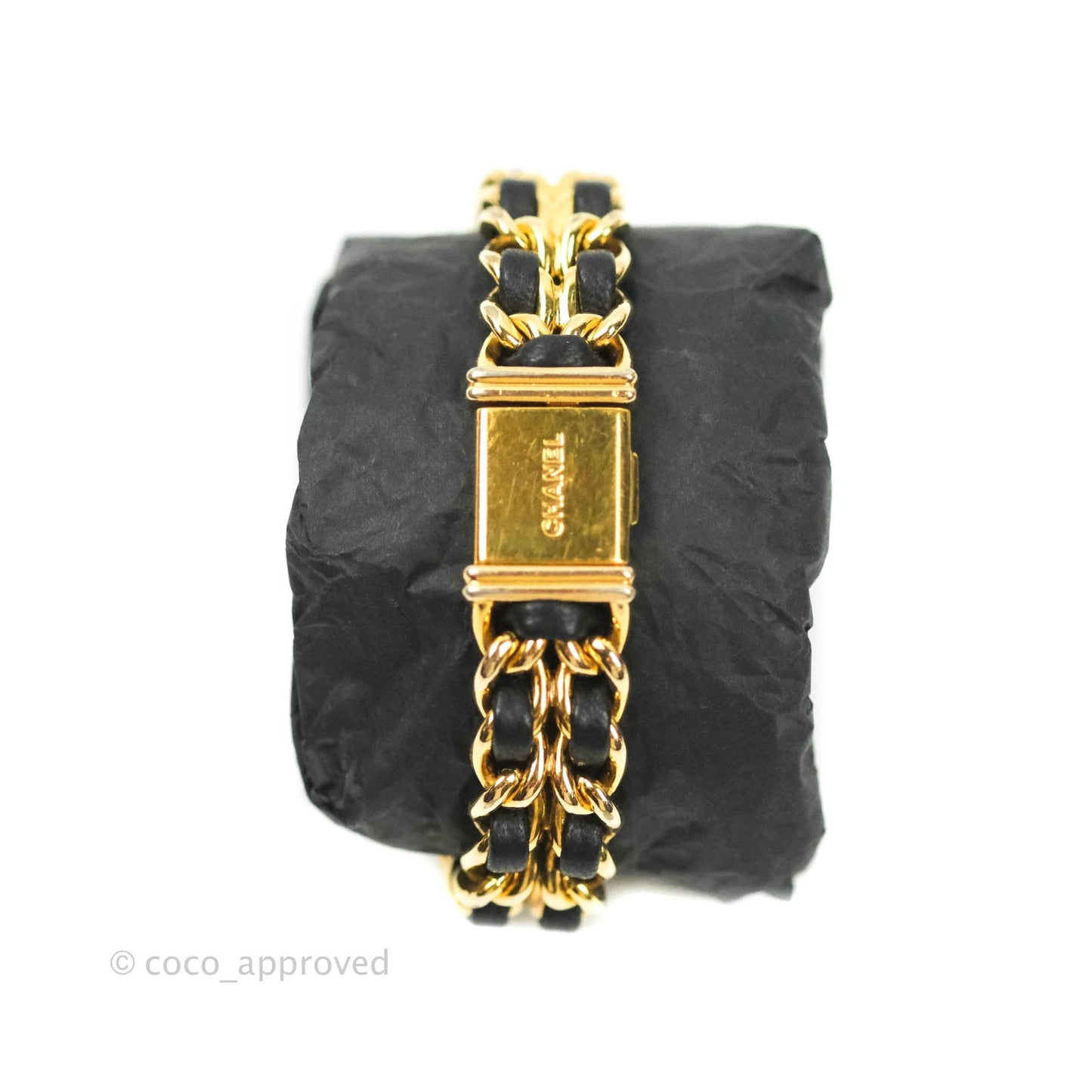 Chanel Vintage Première Watch Black Leather Gold Plated M Size
