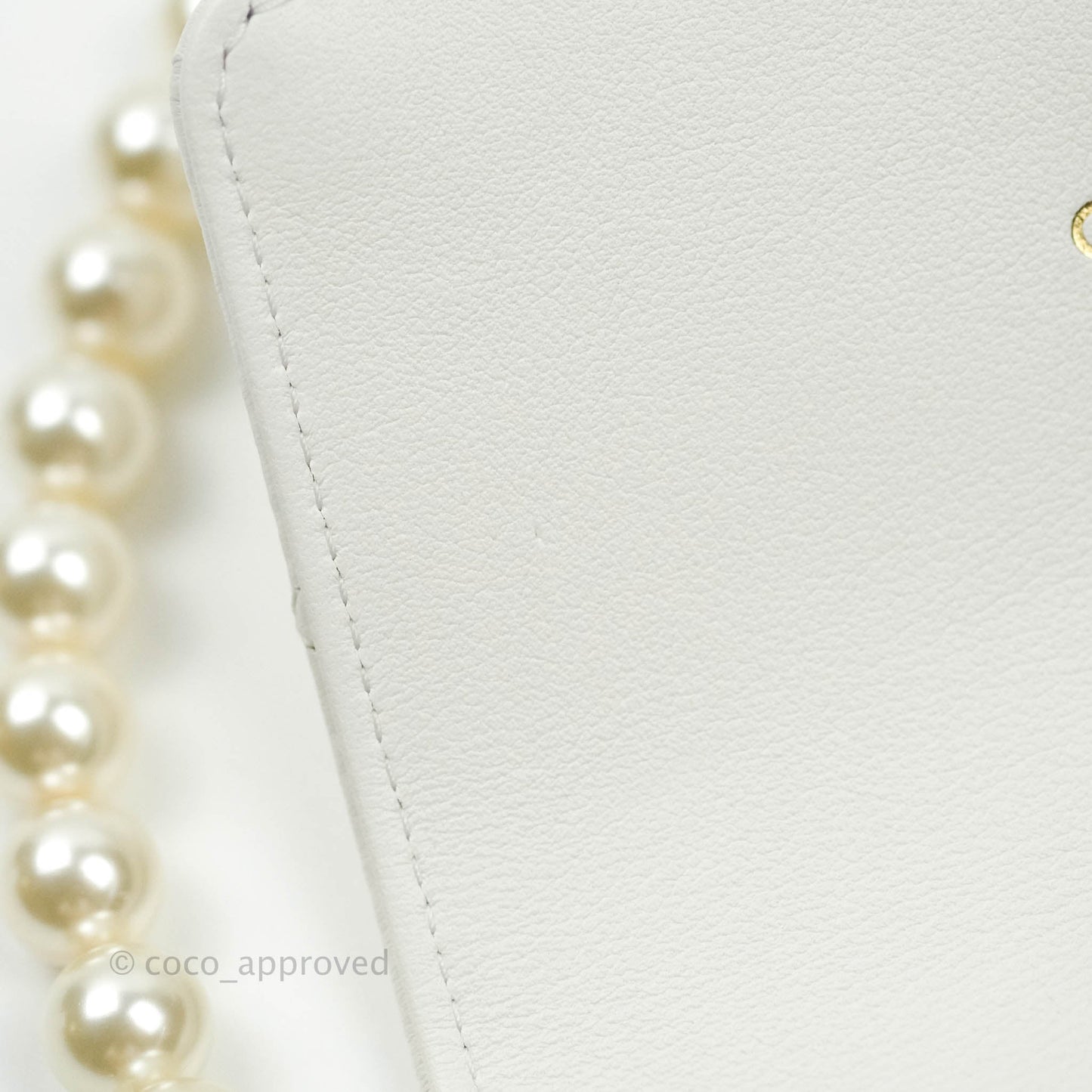 Chanel Flap Card Holder With Pearl Chain White Calfskin Aged Gold Hardware