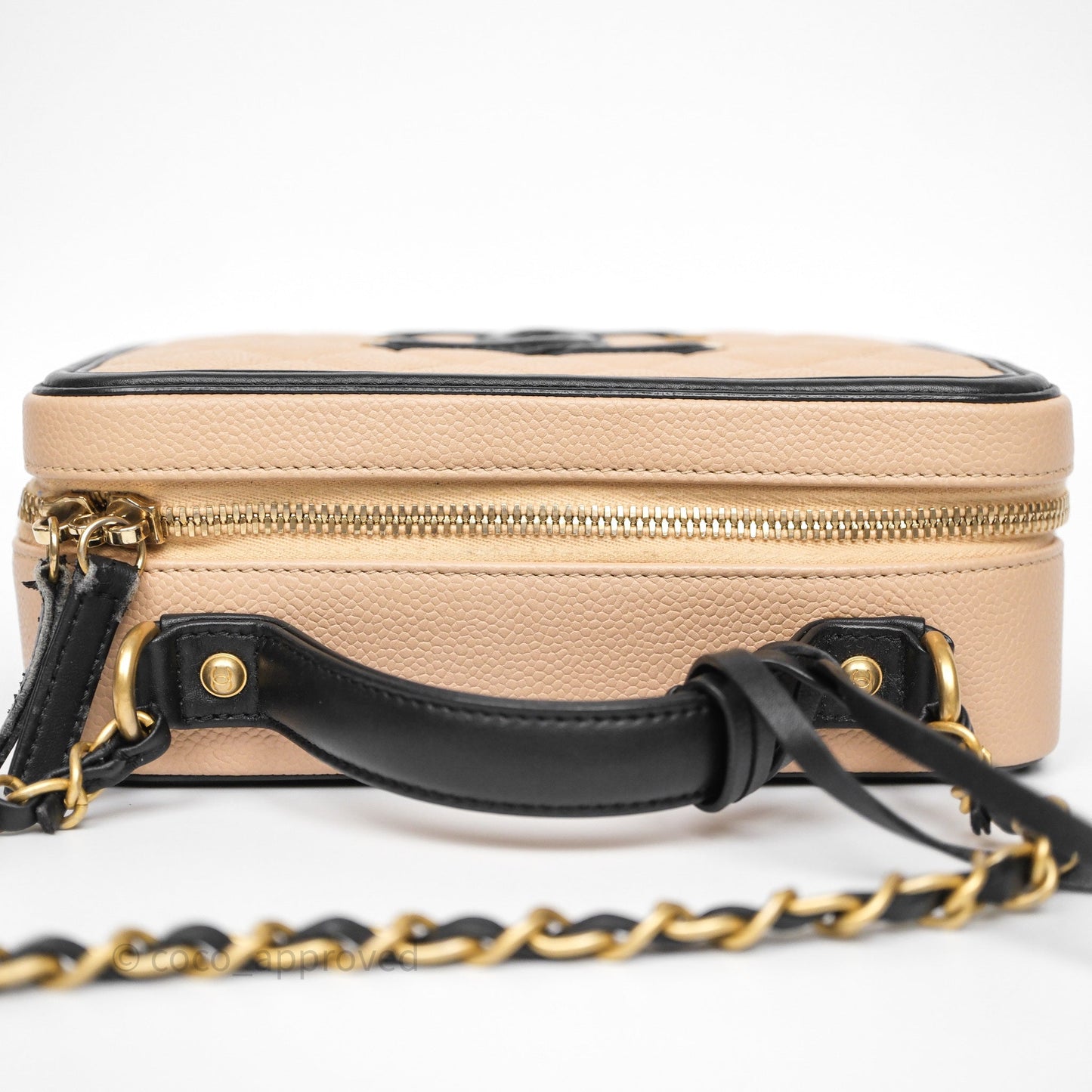 Chanel Quilted Medium CC Filigree Vanity Case Beige Black Caviar Aged Gold Hardware