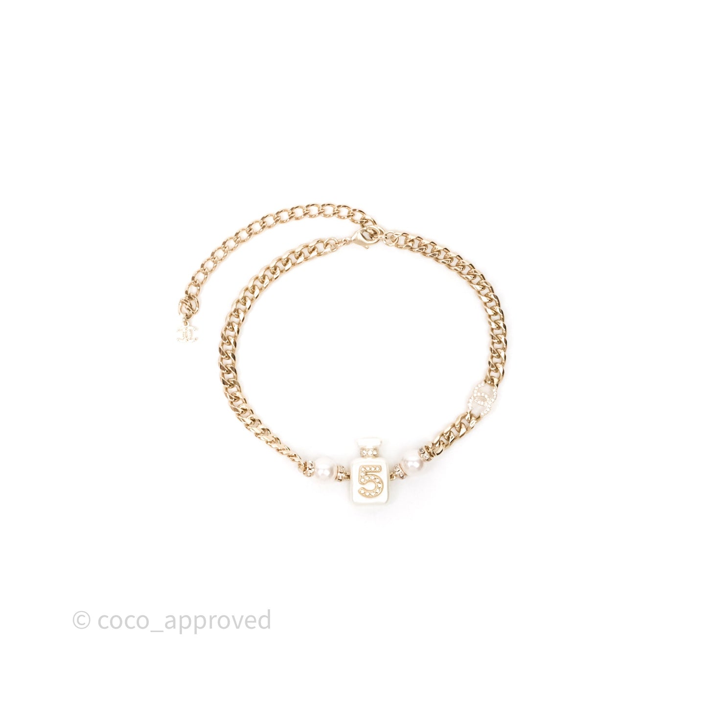 Chanel No5 Perfume Bottle Crystal Pearl Chain Choker Necklace Gold Tone 22S