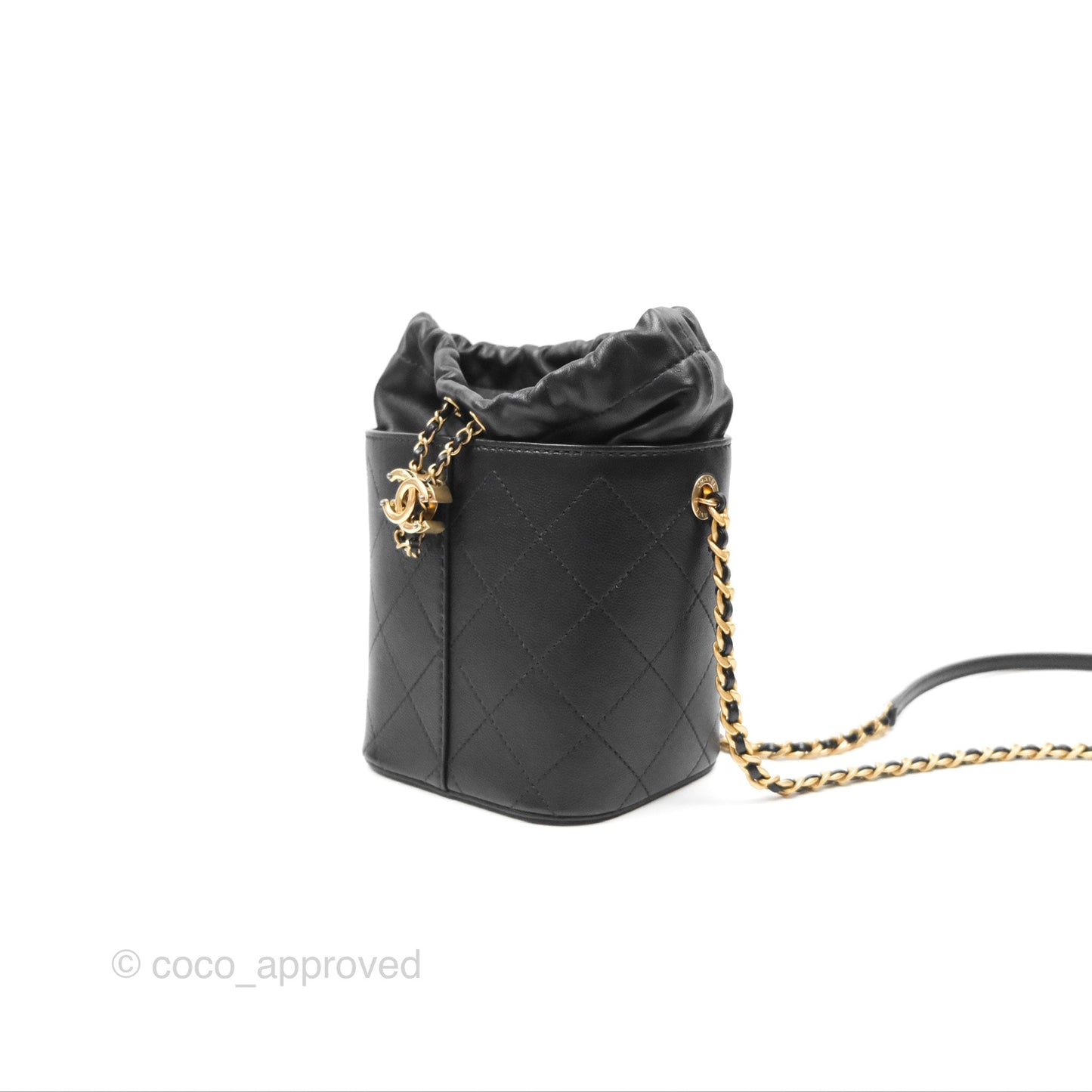Chanel Drawstring Bucket Bag Quilted Black Caviar Aged Gold Hardware