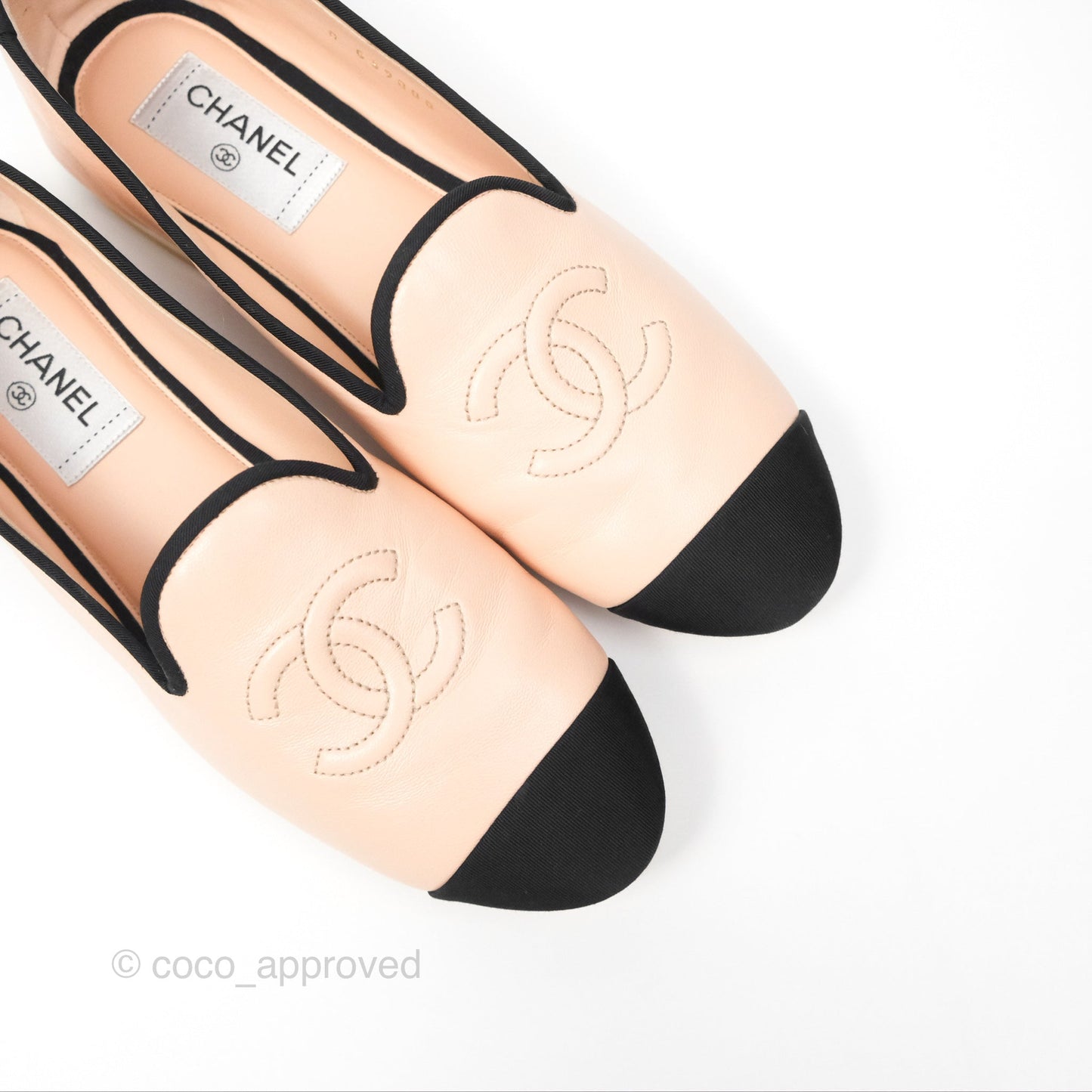 Chanel CC Cap Toe Loafers Black Beige Size 39