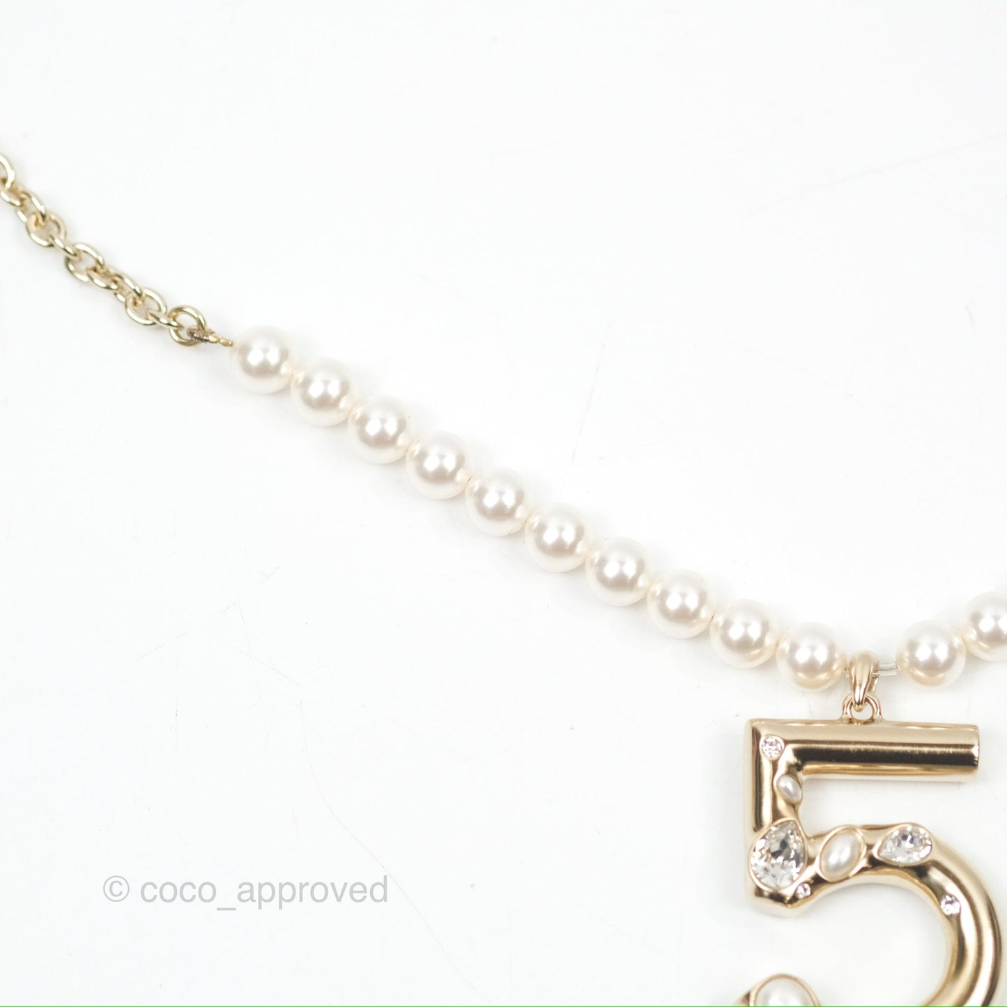 Chanel Crystal CC No.5 Pearl Necklace Gold Tone 21S