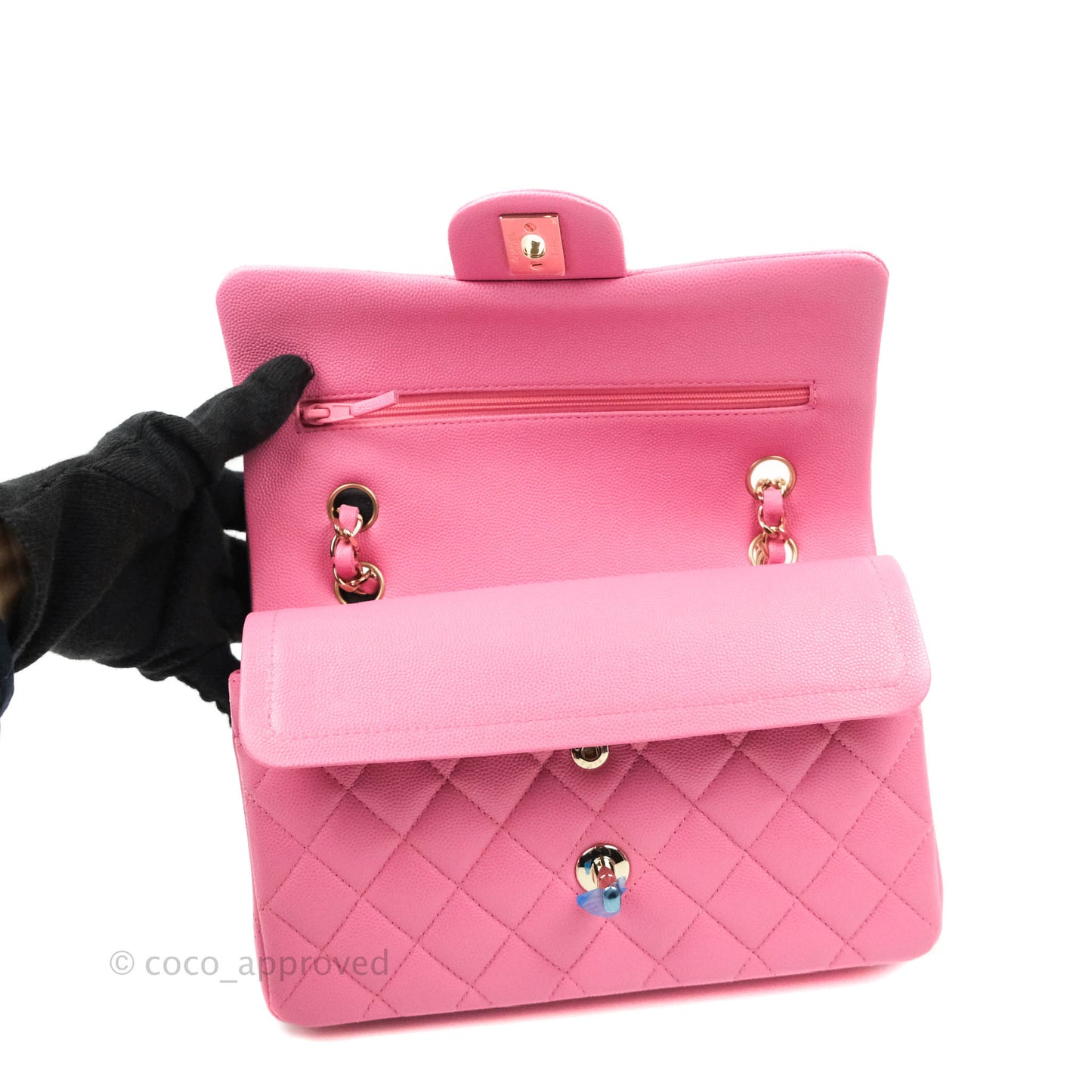 Chanel Classic Quilted S/M Small Double Flap Pink Caviar Gold Hardware 21P