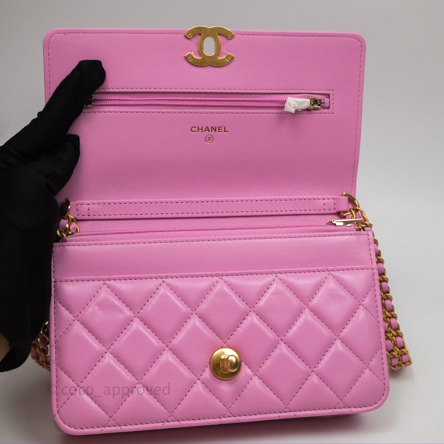 Chanel CC Chain Wallet On Chain WOC Pink Lambskin Aged Gold Hardware