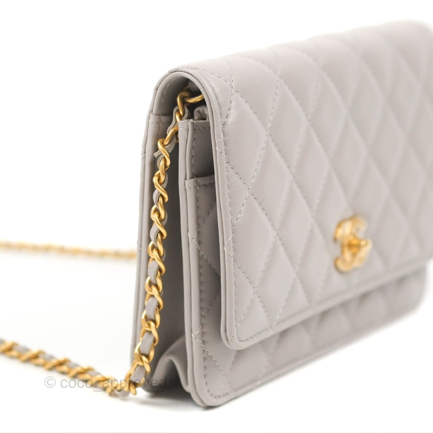 Chanel Quilted Pearl Crush Wallet on Chain WOC Light Grey Lambskin Aged Gold Hardware