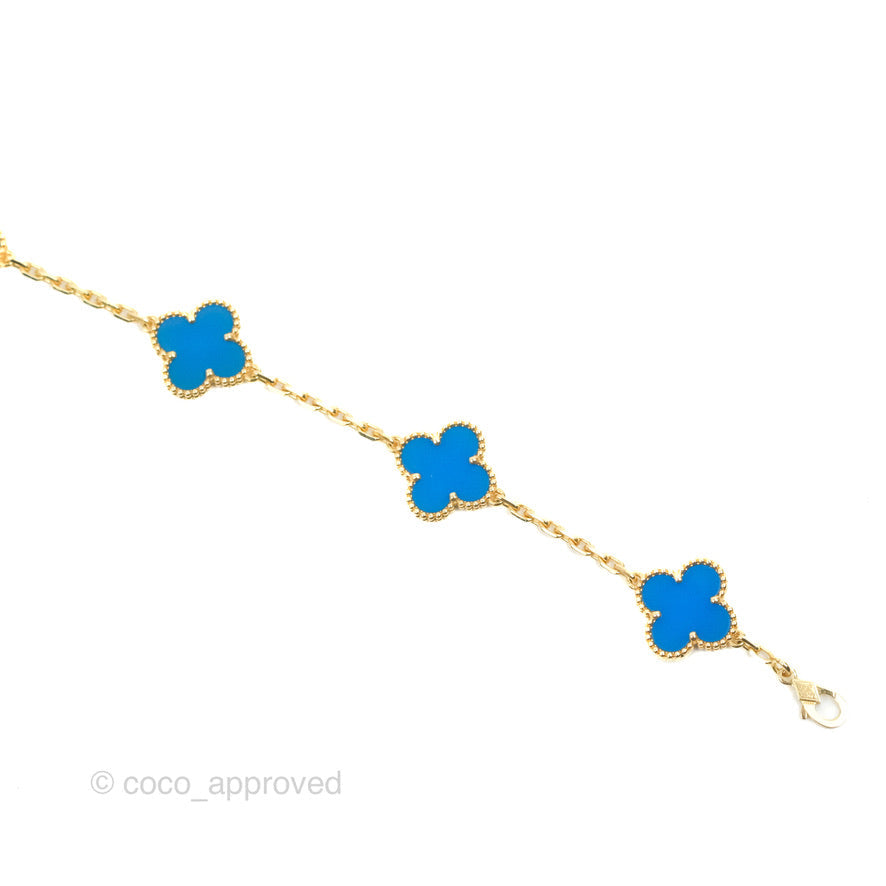 Van Cleef & Arpels Vintage Alhambra 5 Motifs Blue Agate Yellow Gold Bracelet