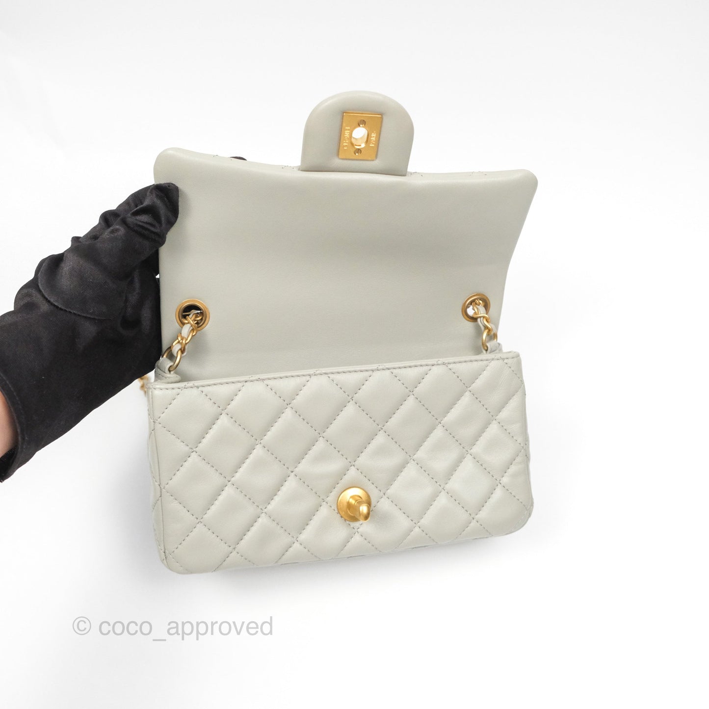 Chanel Pearl Crush Mini Rectangular Grey Lambskin Aged Gold Hardware