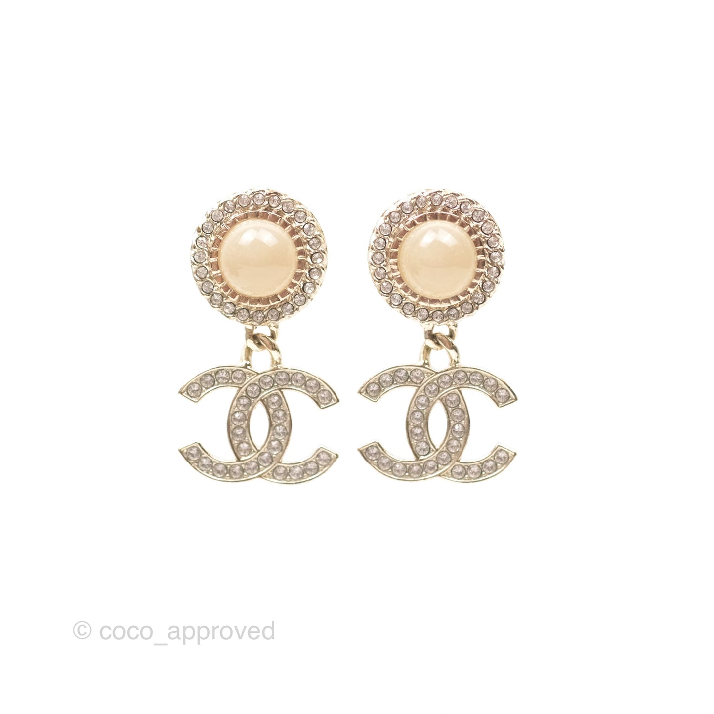 Chanel Round Resin Crystal CC Drop Earrings Gold Tone 21B