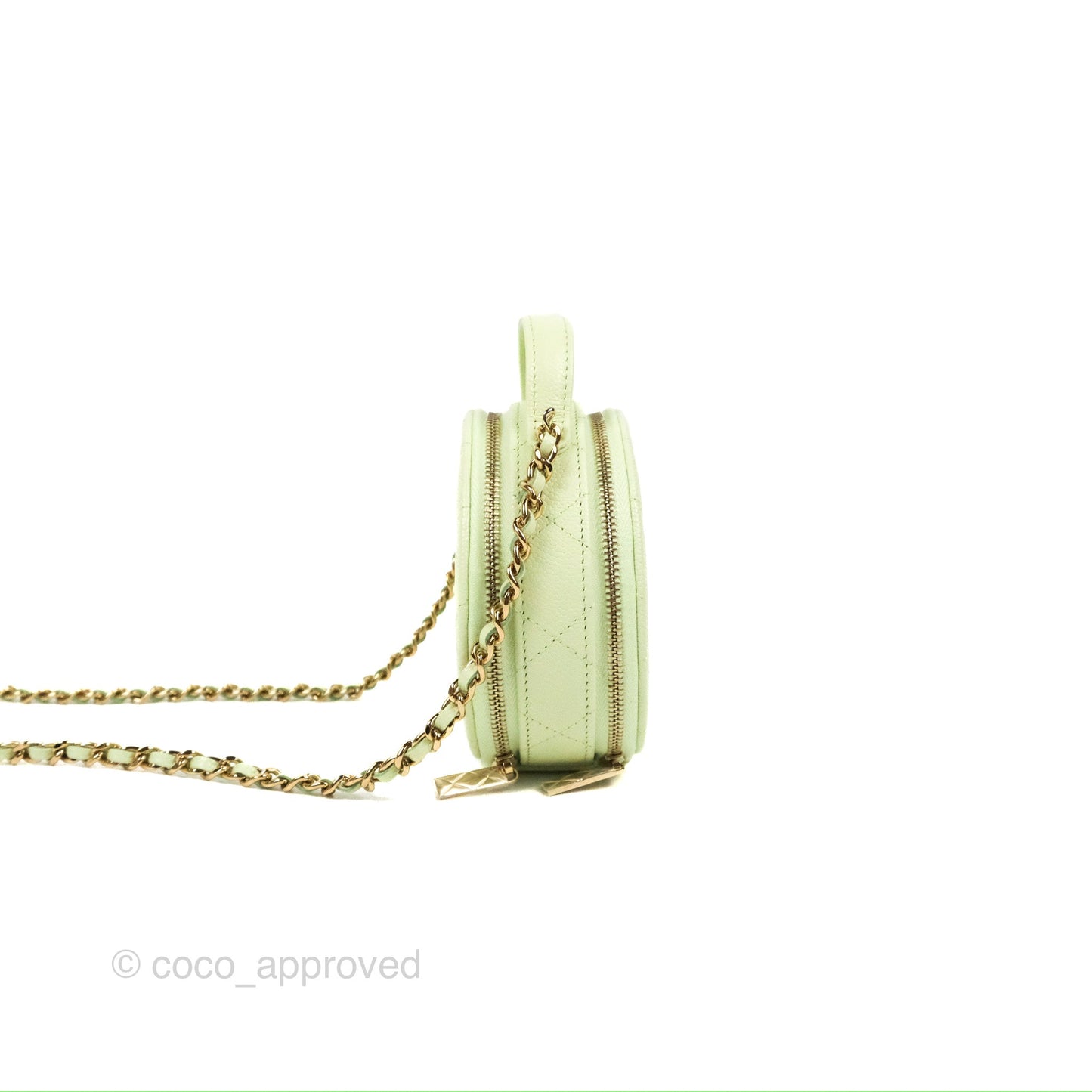 Chanel Mini Round Vanity Bag Handle With Care Light Green Caviar 22C