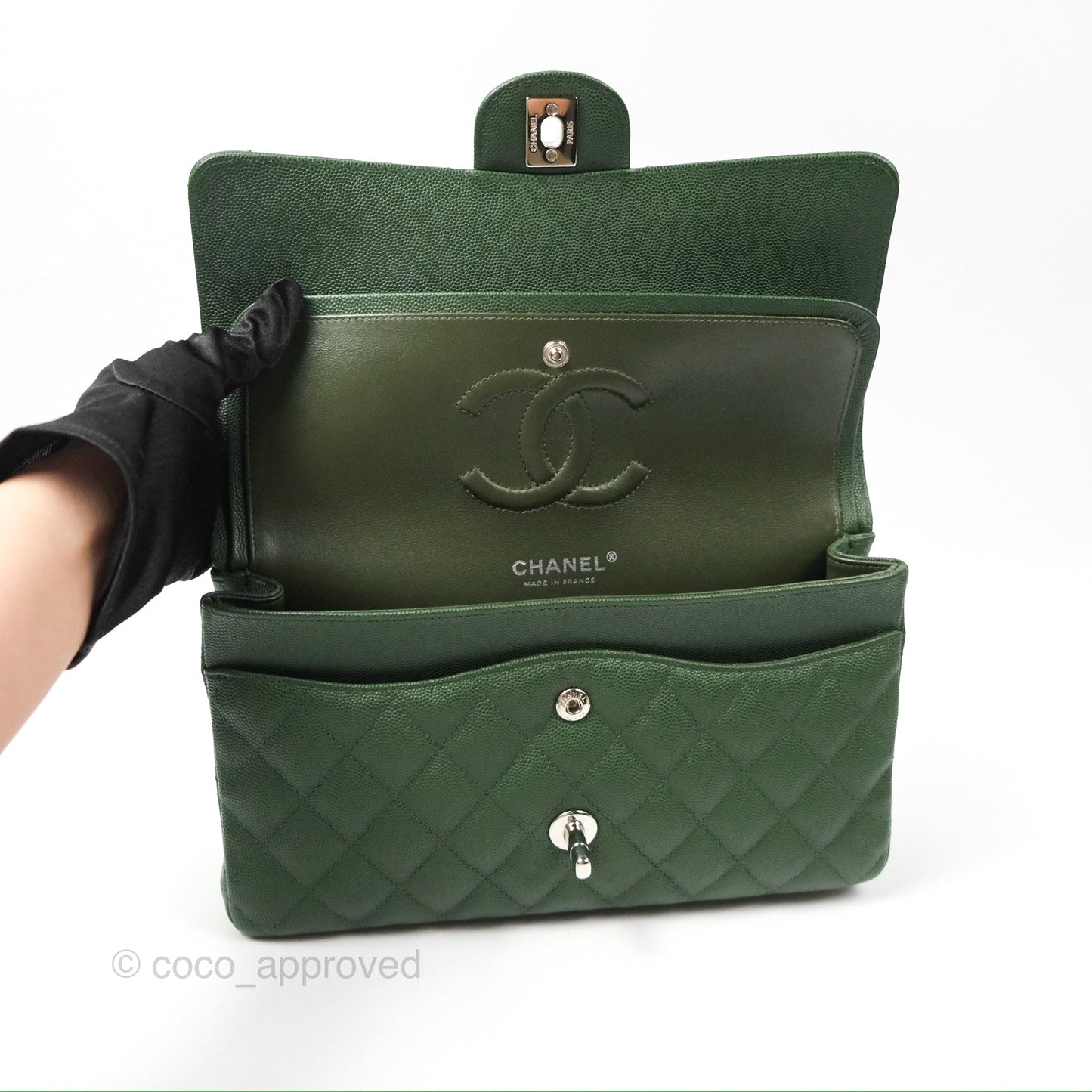 Chanel Classic M/L Medium Flap Quilted Dark Green Caviar Silver Hardware