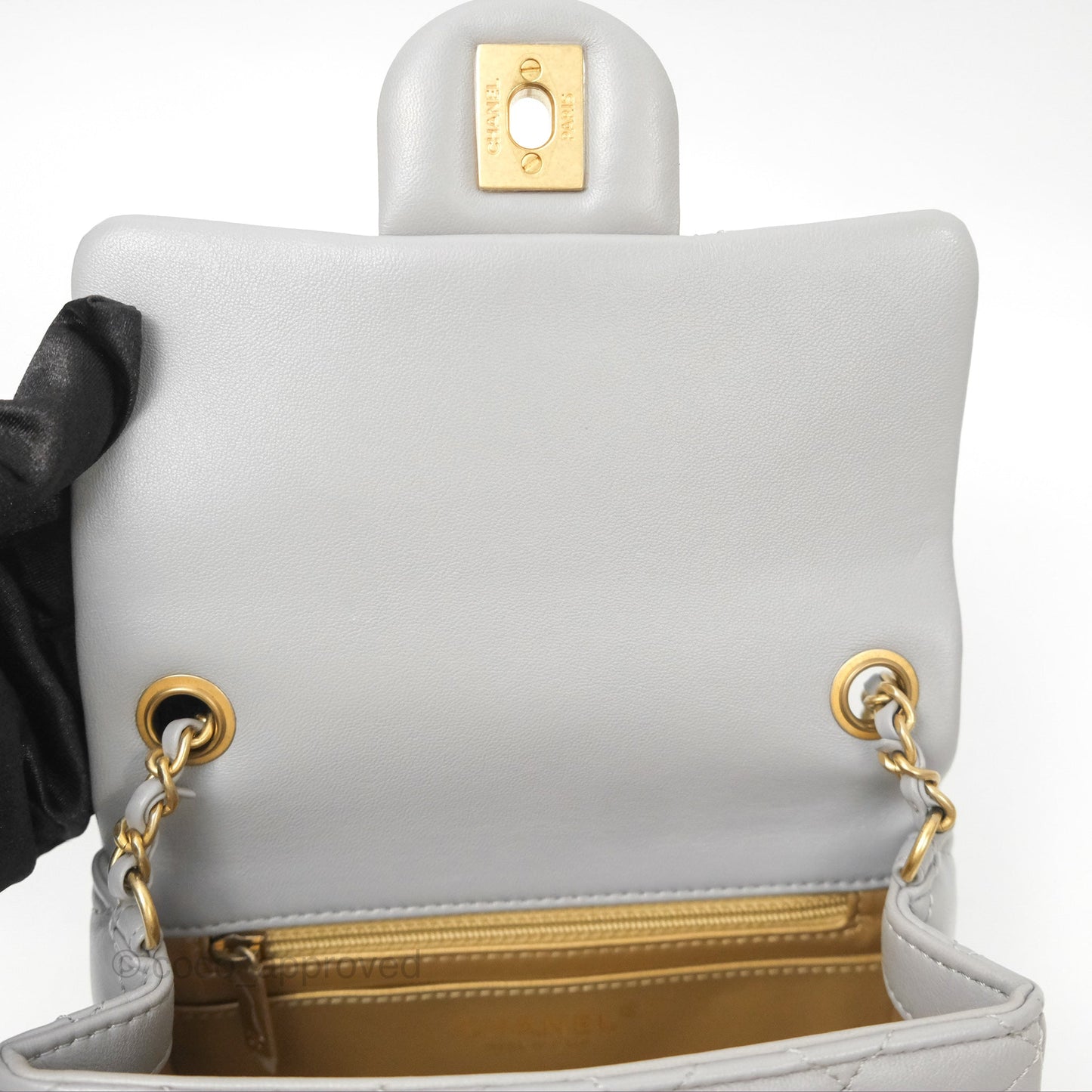 Chanel Pearl Crush Mini Square Quilted Light Grey Lambskin Aged Gold Hardware