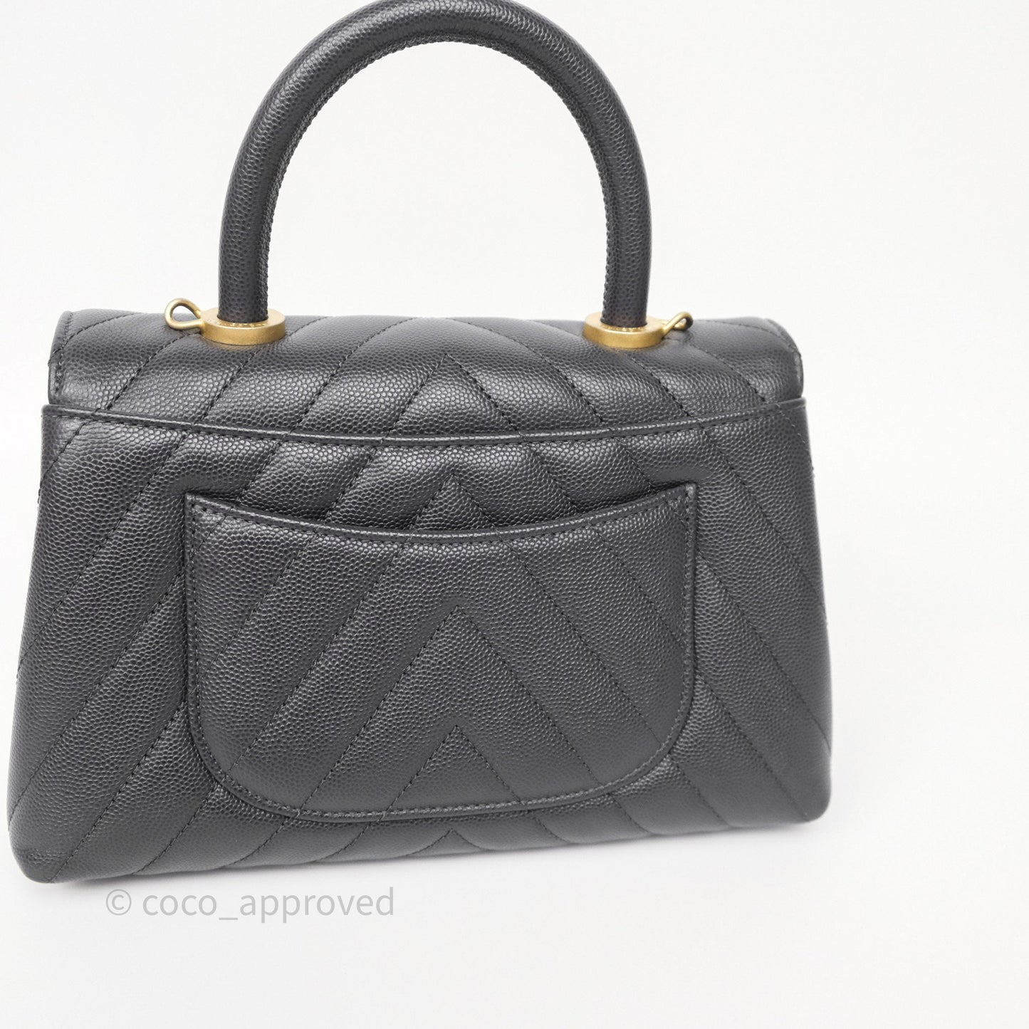 Chanel Small Coco Handle Chevron Dark Grey Caviar Aged Gold Hardware