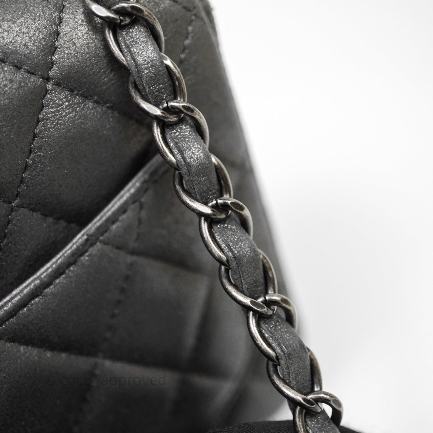 Chanel Mini Square Iridescent Grey Suede Gun Metal Hardware