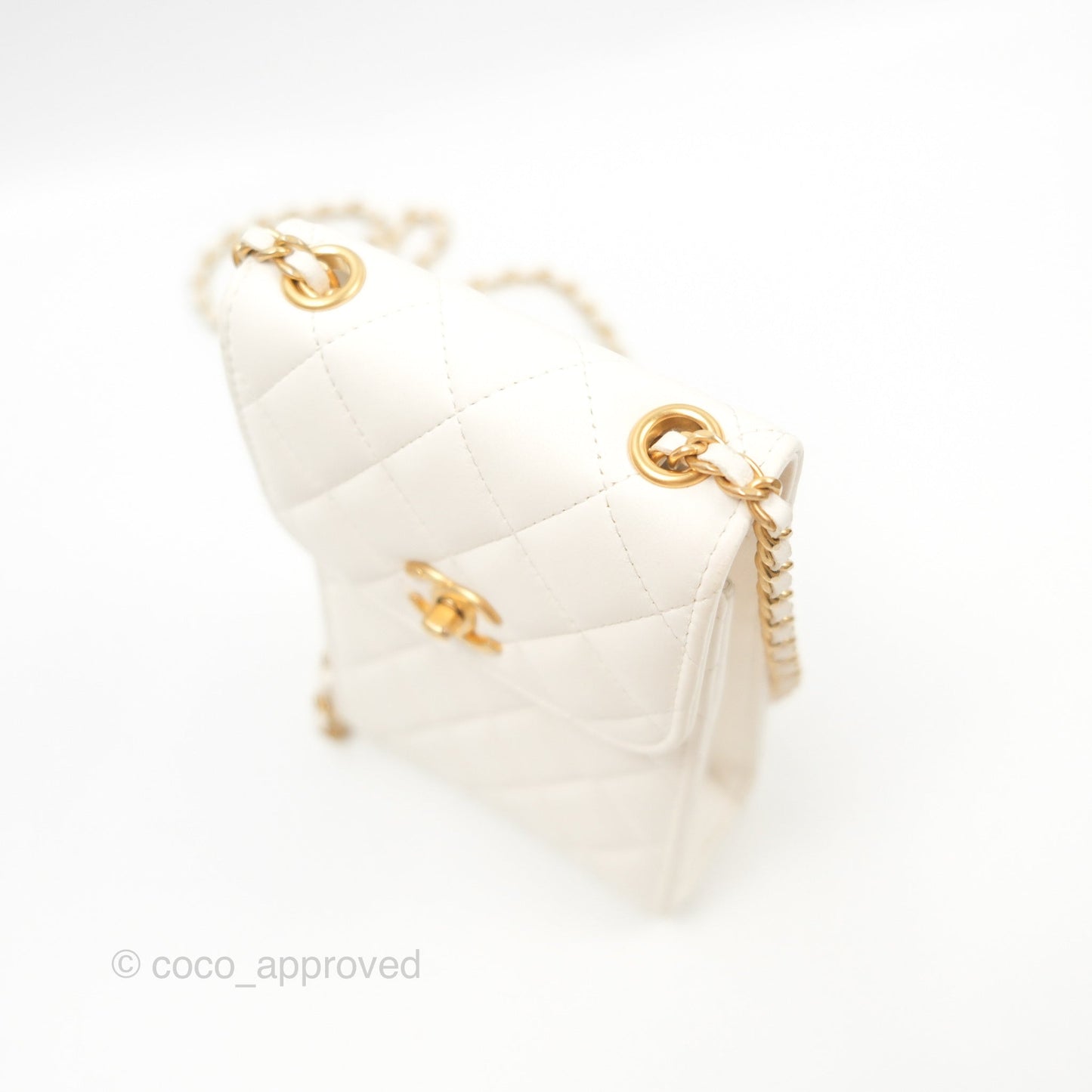 Chanel Quilted Pearl Crush Phone Holder With Chain White Lambskin