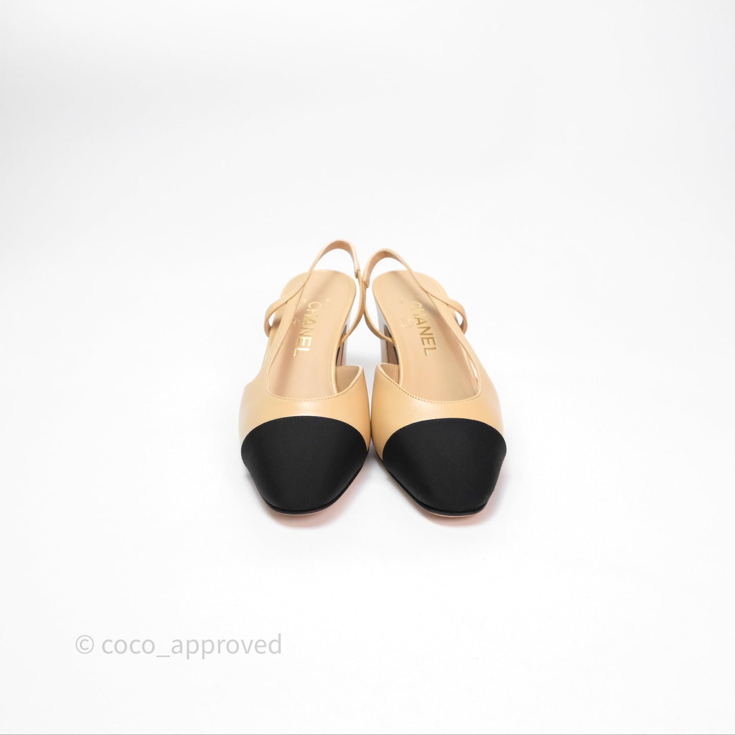 Chanel Classic Slingback Beige Black Leather Size 38