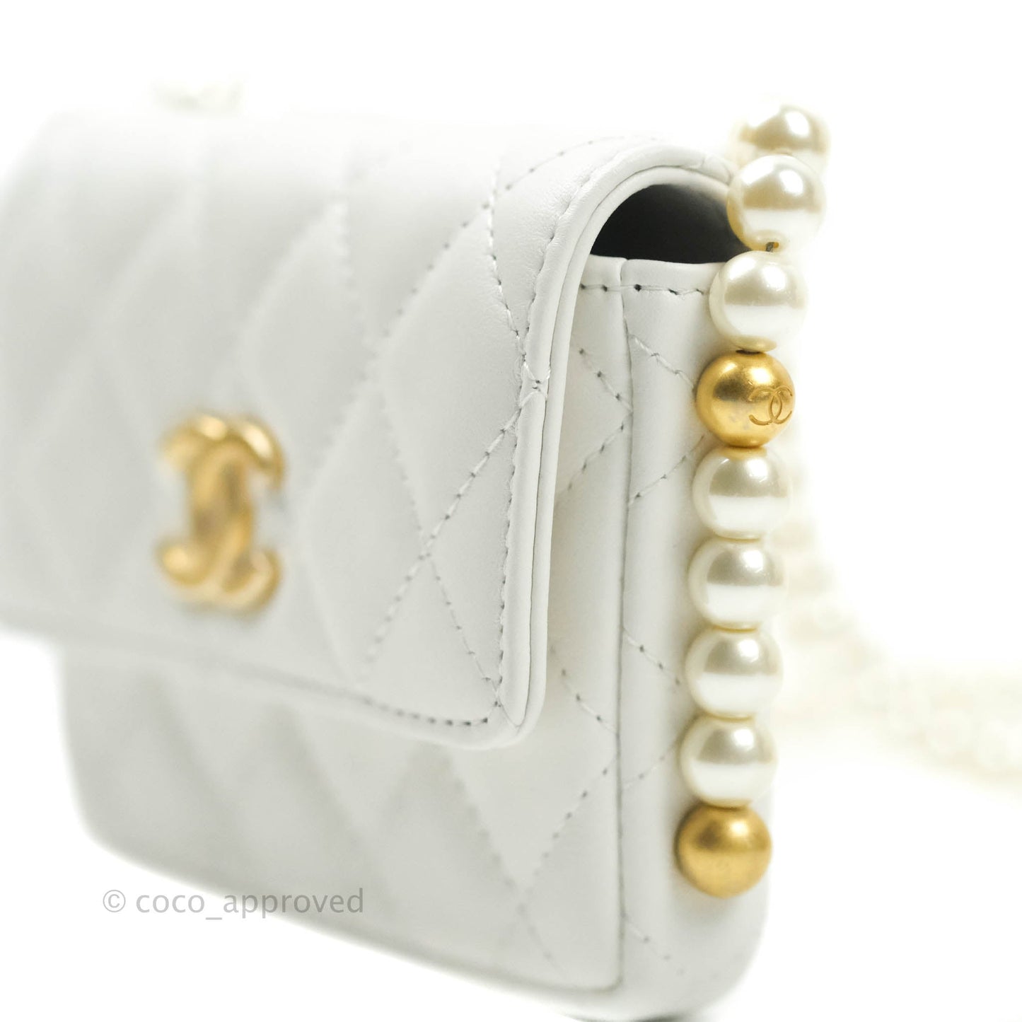 Chanel Flap Card Holder With Pearl Chain White Calfskin Aged Gold Hardware
