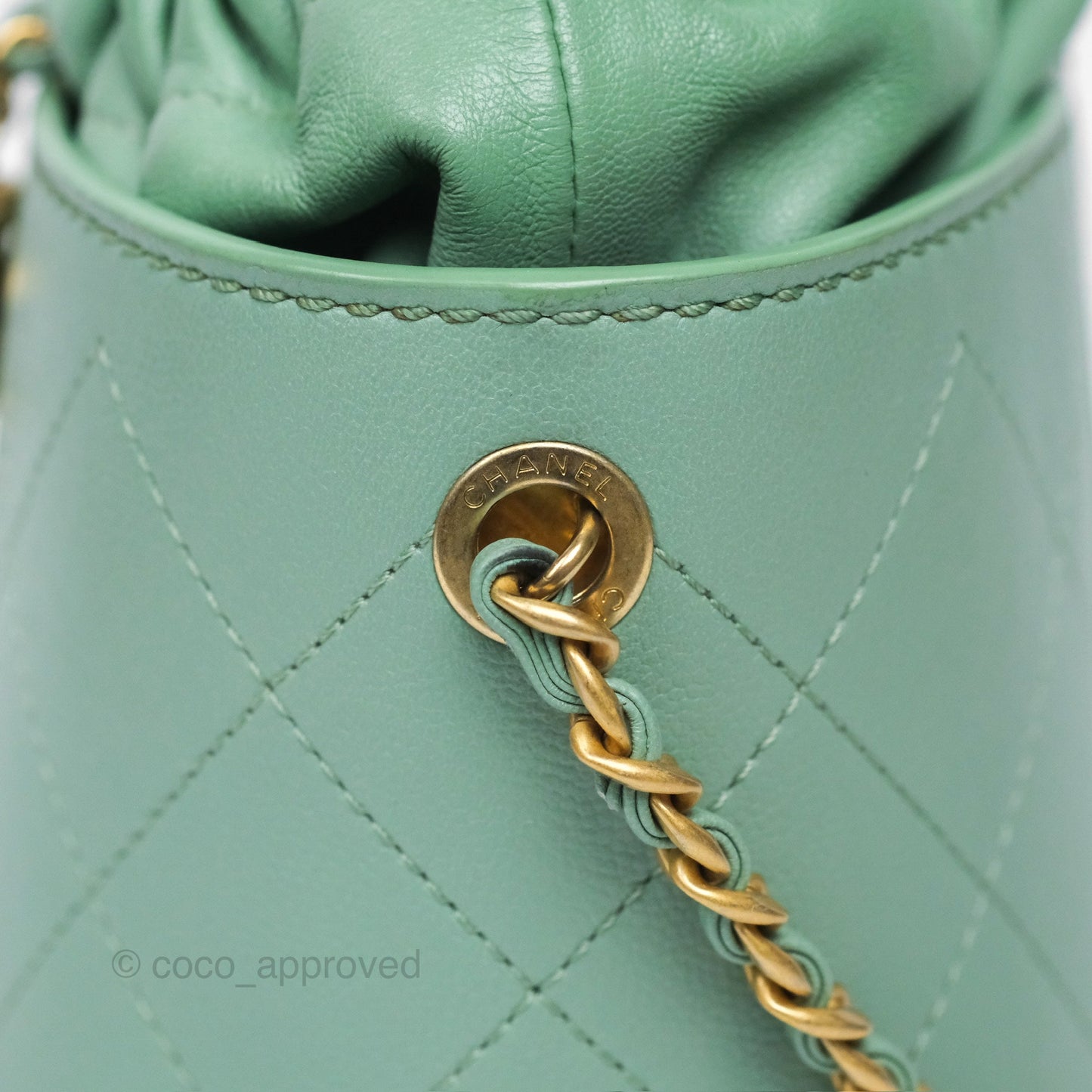 Chanel Drawstring Bucket Bag Quilted Green Caviar Aged Gold Hardware