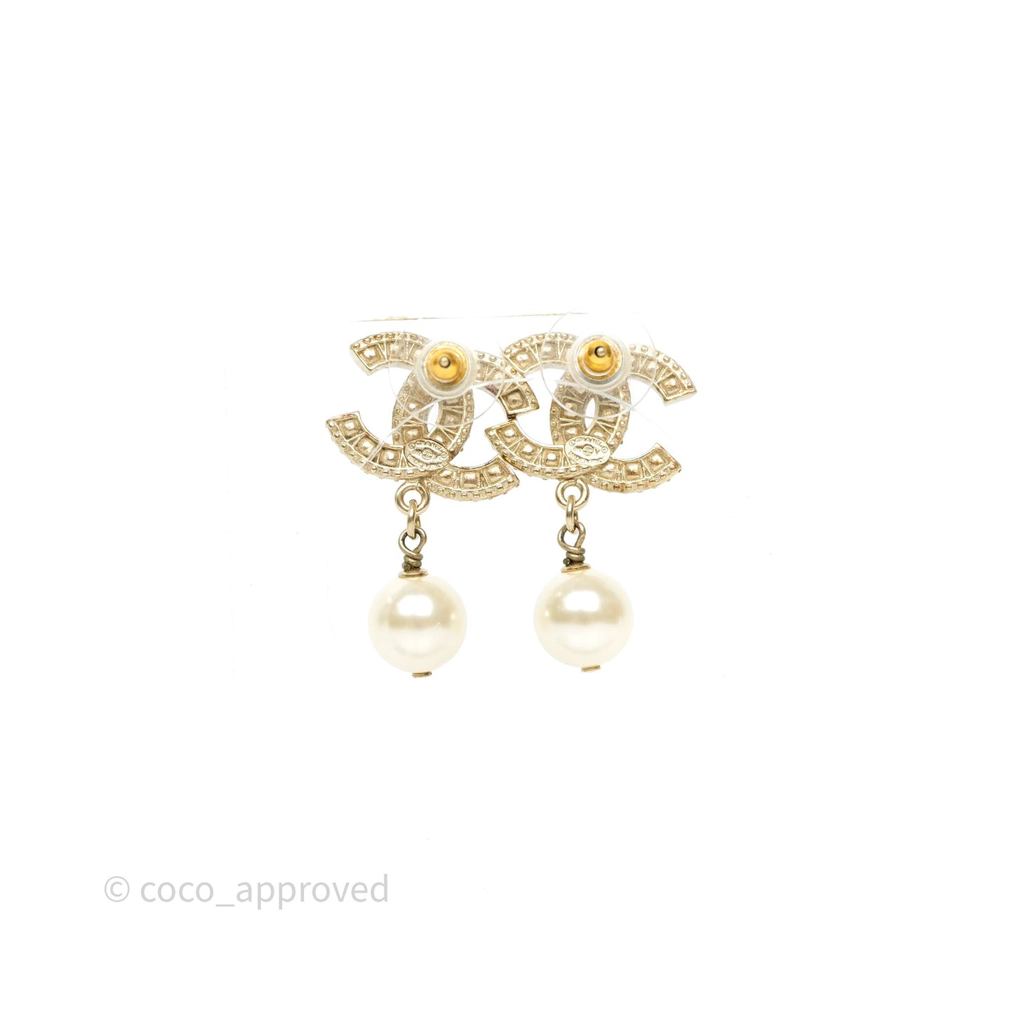 Chanel Crystal CC Pearl Drop Earrings Gold Tone 19V